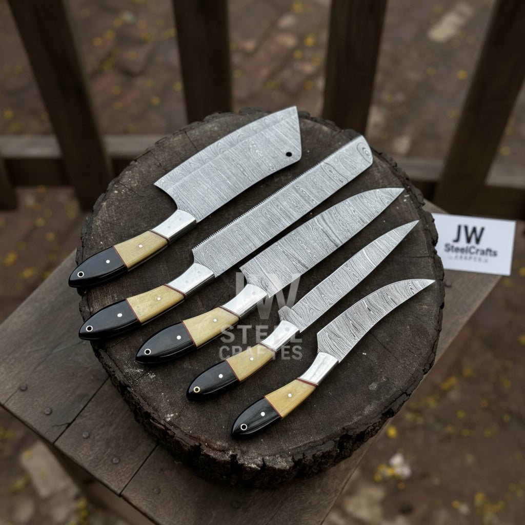 Damascus Chef Knife Set – 5-Piece Camel Bone & Black Micarta Handle Collection