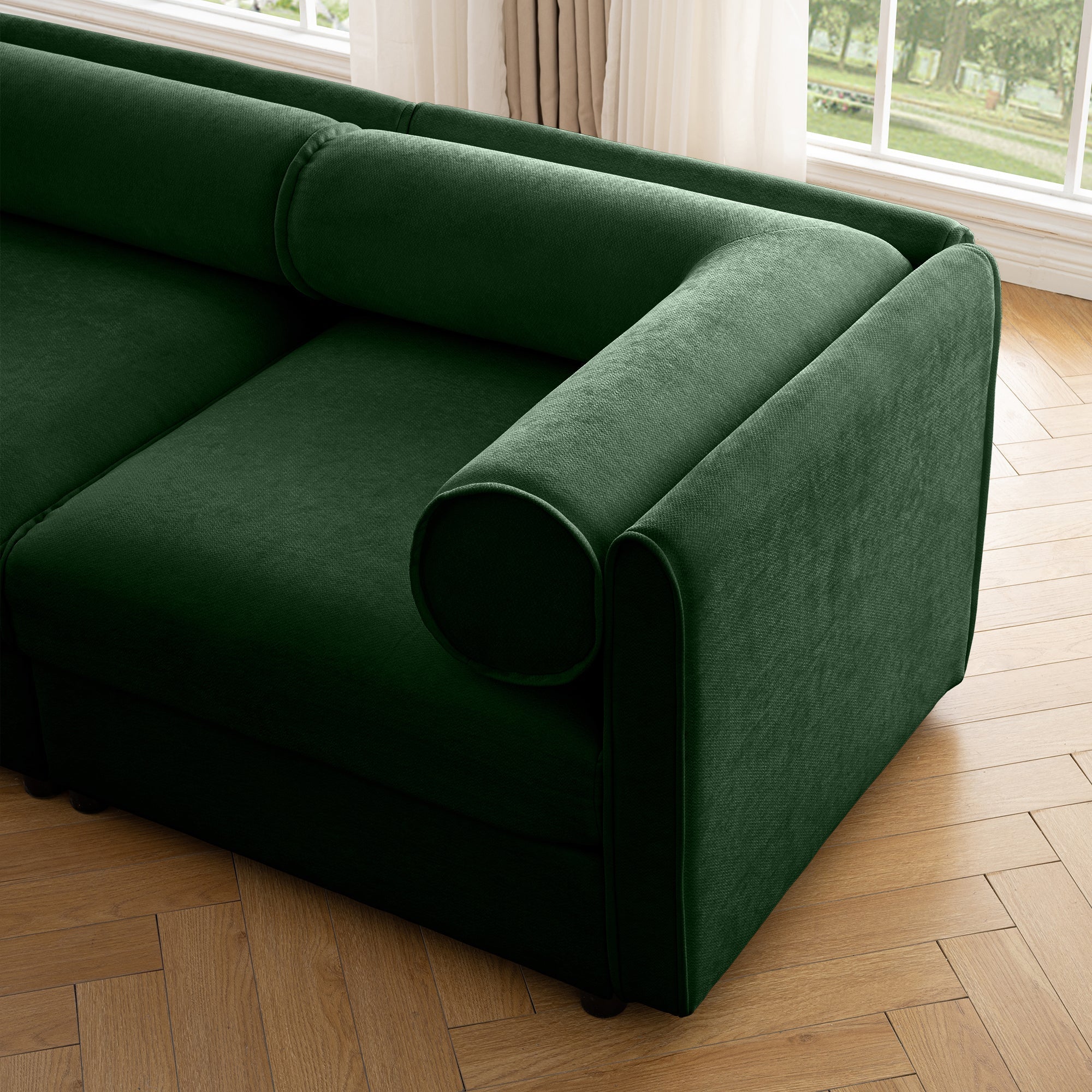Elegant Green Chenille  Sofa with Storage Seat and Ottoman, U-Shaped 3-Seater Cylindrical Backrest and Armrests, Contemporary 3-Seater Fabric Couch with Hidden Storage Compartment