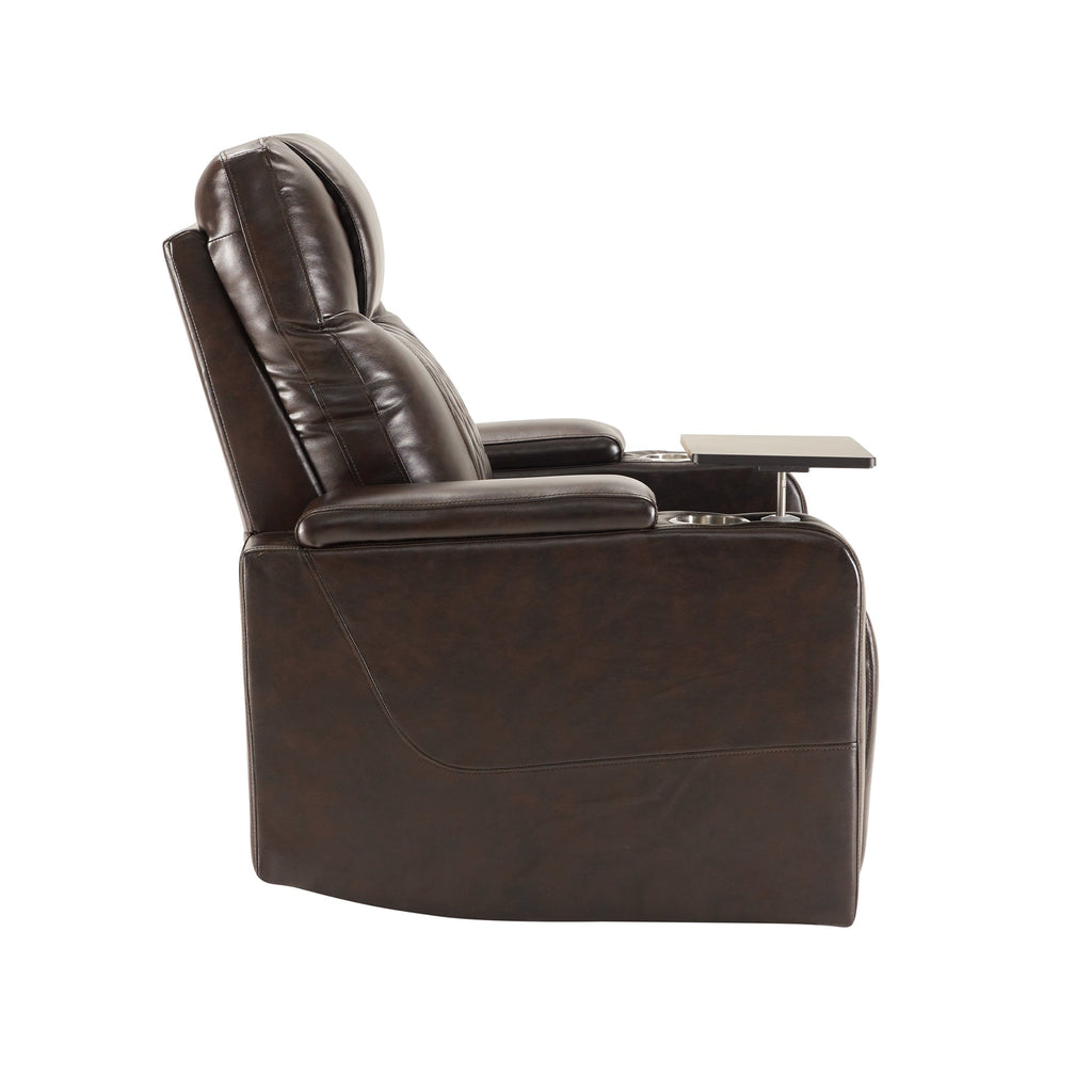 Power Motion Recliner with USB Charging Port, Hidden Arm Storage, 2 Cup Holders, 360° Swivel Tray Table, Brown PU Leather