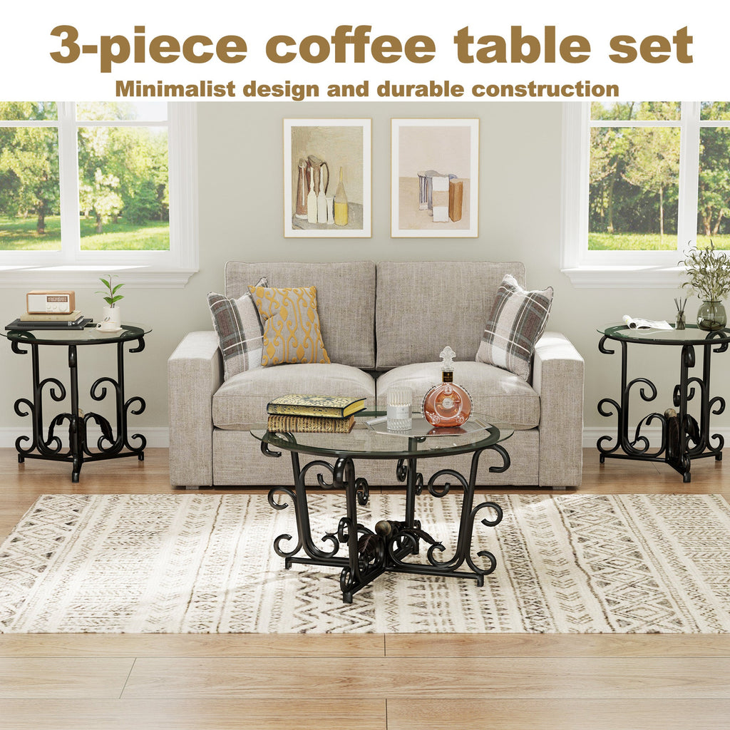 3-Piece Coffee Table Set, Tempered Glass Surface with Sturdy Metal Frame - Modern Living Room Sets (1 Coffee Table + 2 End Tables), Scratch-Resistant & Easy to Clean for Small Spaces, Apartments