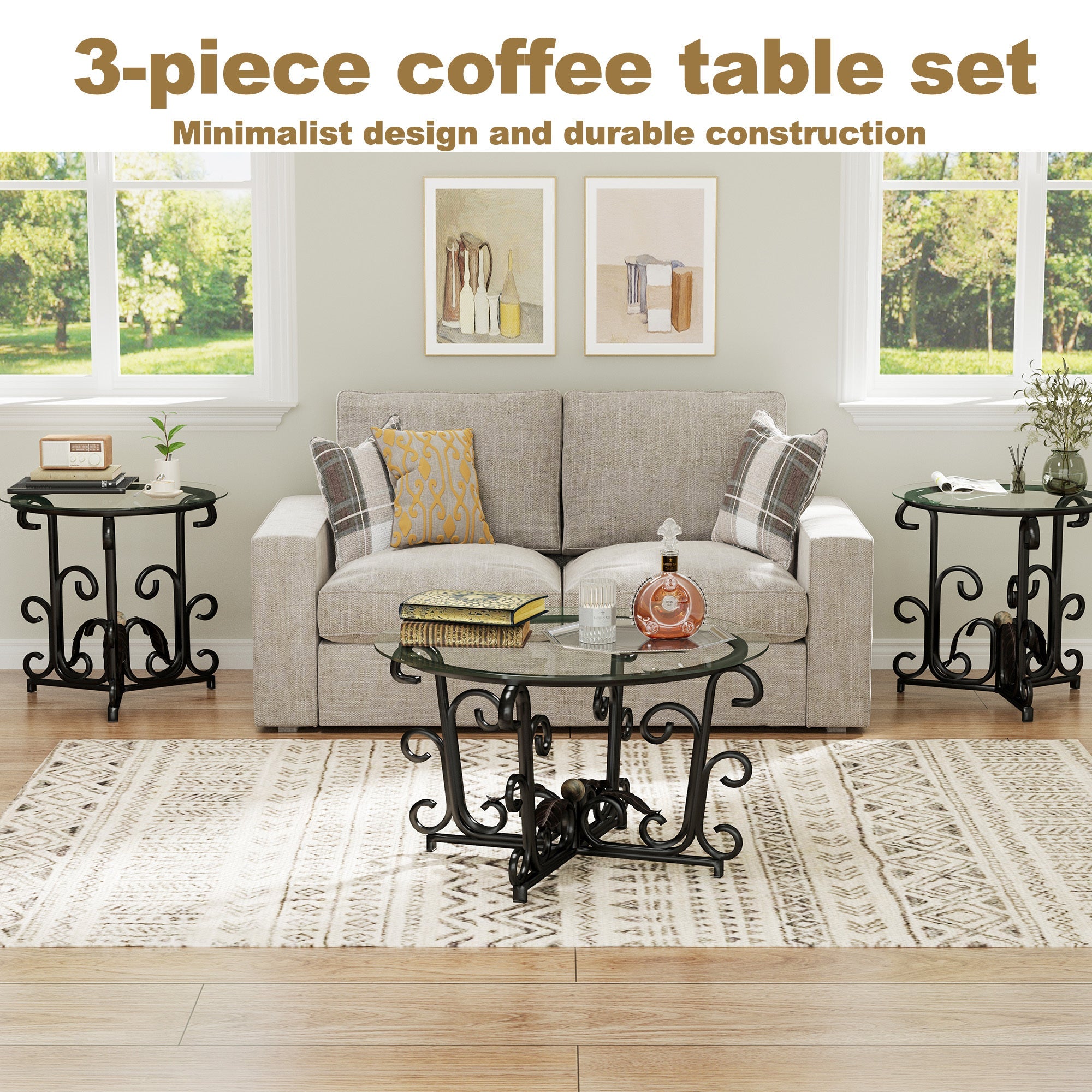 3-Piece Coffee Table Set, Tempered Glass Surface with Sturdy Metal Frame - Modern Living Room Sets (1 Coffee Table + 2 End Tables), Scratch-Resistant & Easy to Clean for Small Spaces, Apartments