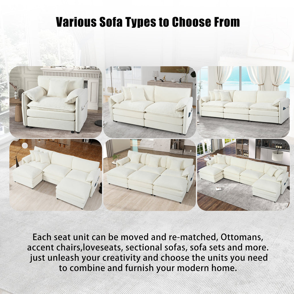 Modular Sectional Sofa, Oversized Deep Seat U Shaped Couch Set for Living Room, 3-Seater Comfy Cloud Couches with 2 Movable Ottomans, DIY Combination, Chenille,Beige