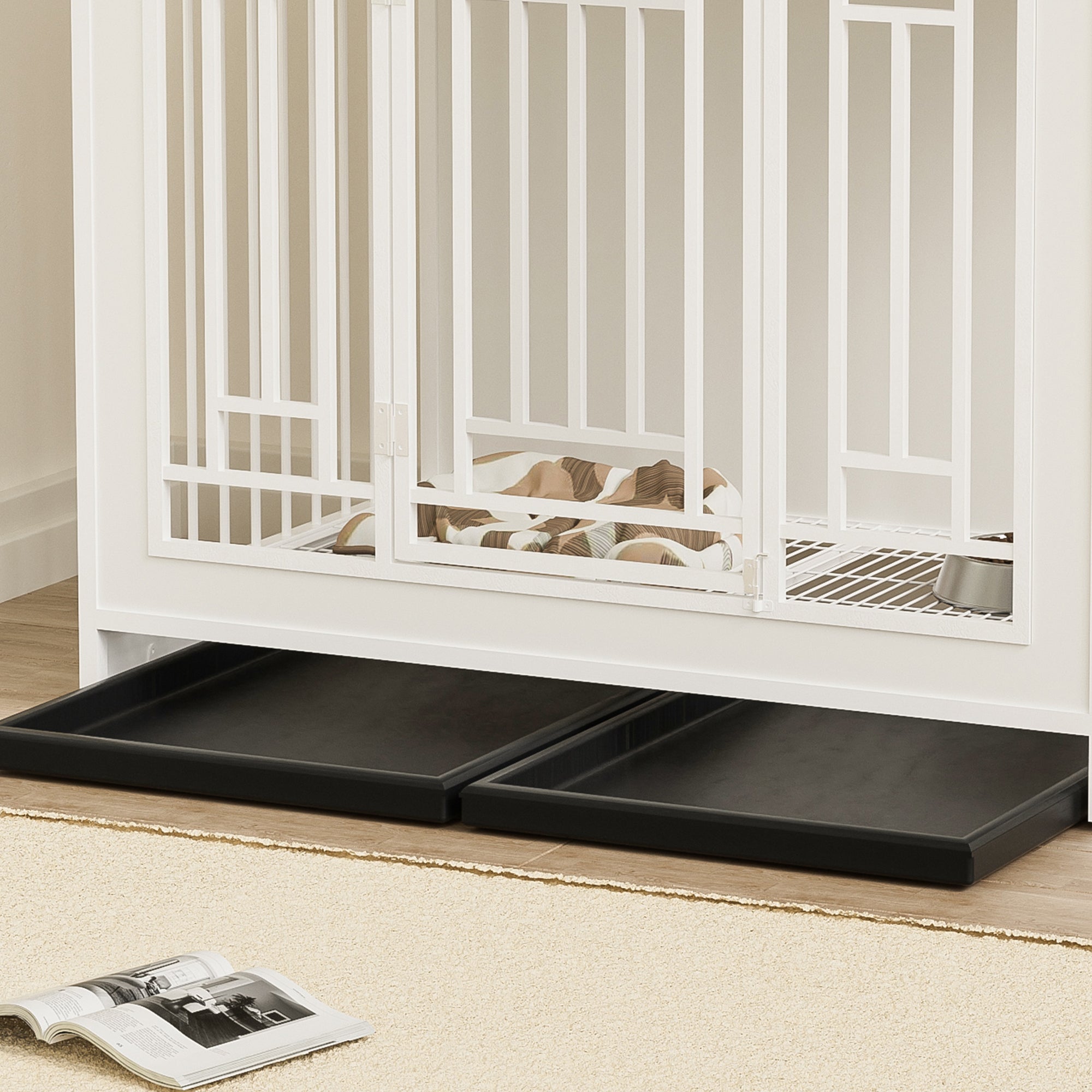 43.3 Inch Wooden Dog Crate Furniture with Divider and Storage, White