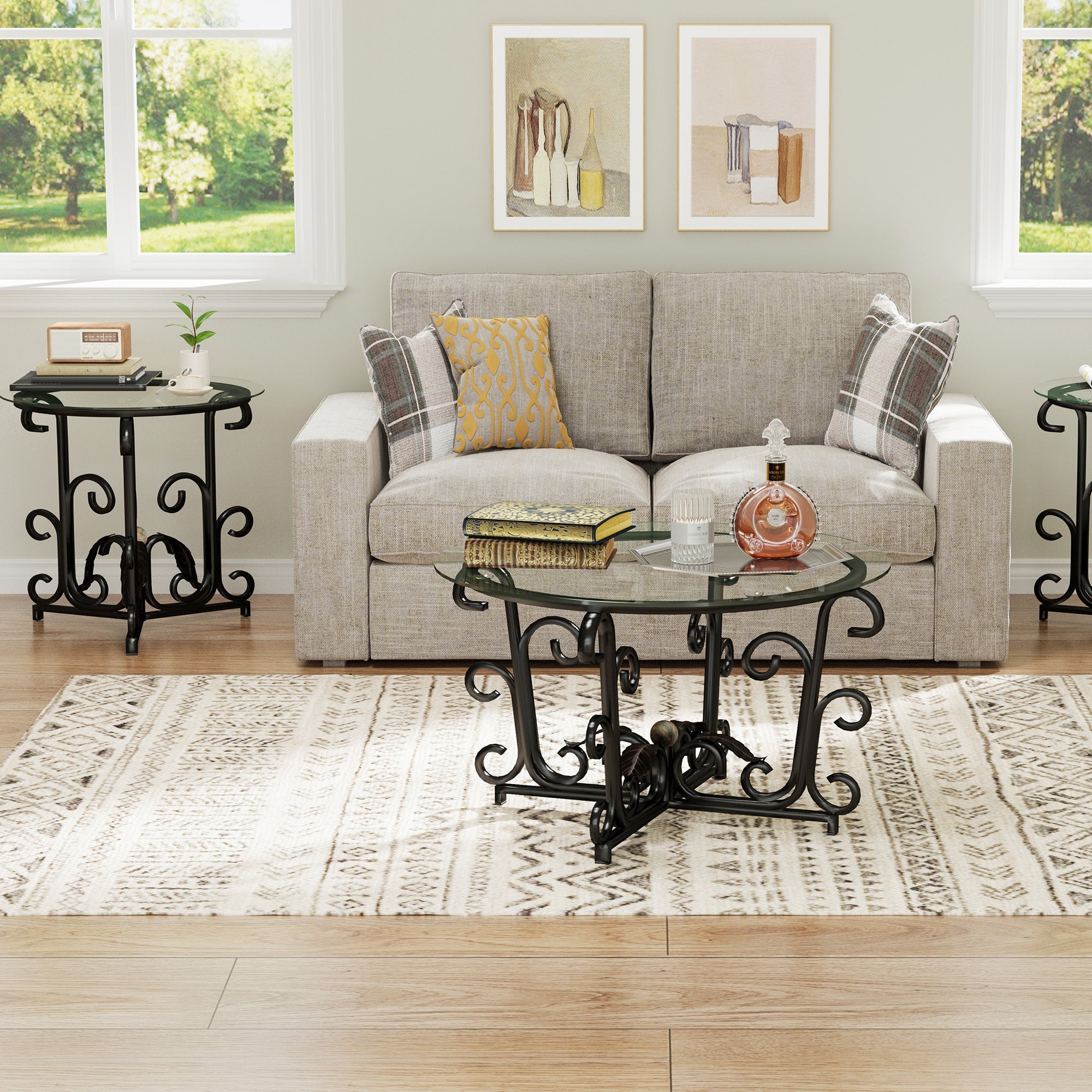 3-Piece Coffee Table Set, Tempered Glass Surface with Sturdy Metal Frame - Modern Living Room Sets (1 Coffee Table + 2 End Tables), Scratch-Resistant & Easy to Clean for Small Spaces, Apartments