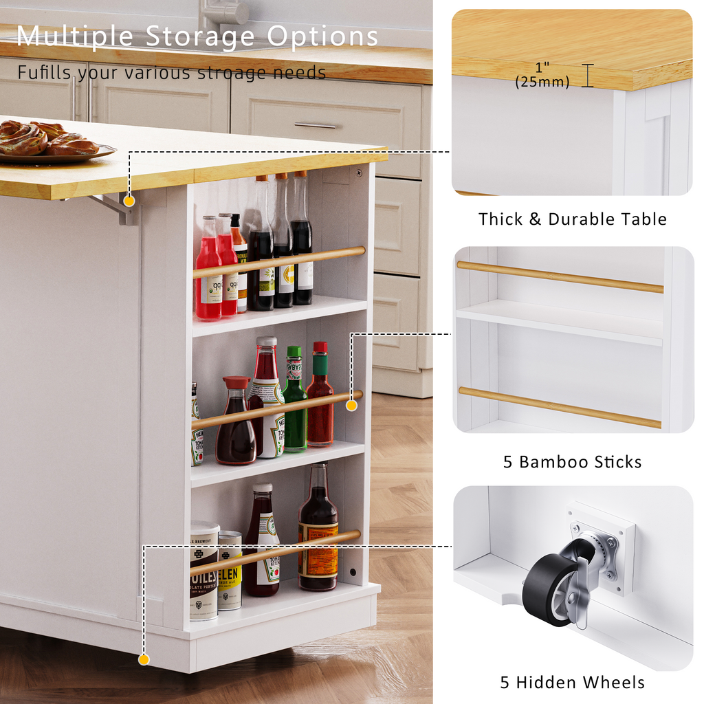 K&K 53inch Large Kitchen Island with 2 Bar Stools, Power Outlet,Door Internal Storage Rack, Kitchen Storage Cart on 5 Wheels with Drop Leaf, 5 Open Side Racks, 3 Drawers, for Kitchen,Dining Room,White