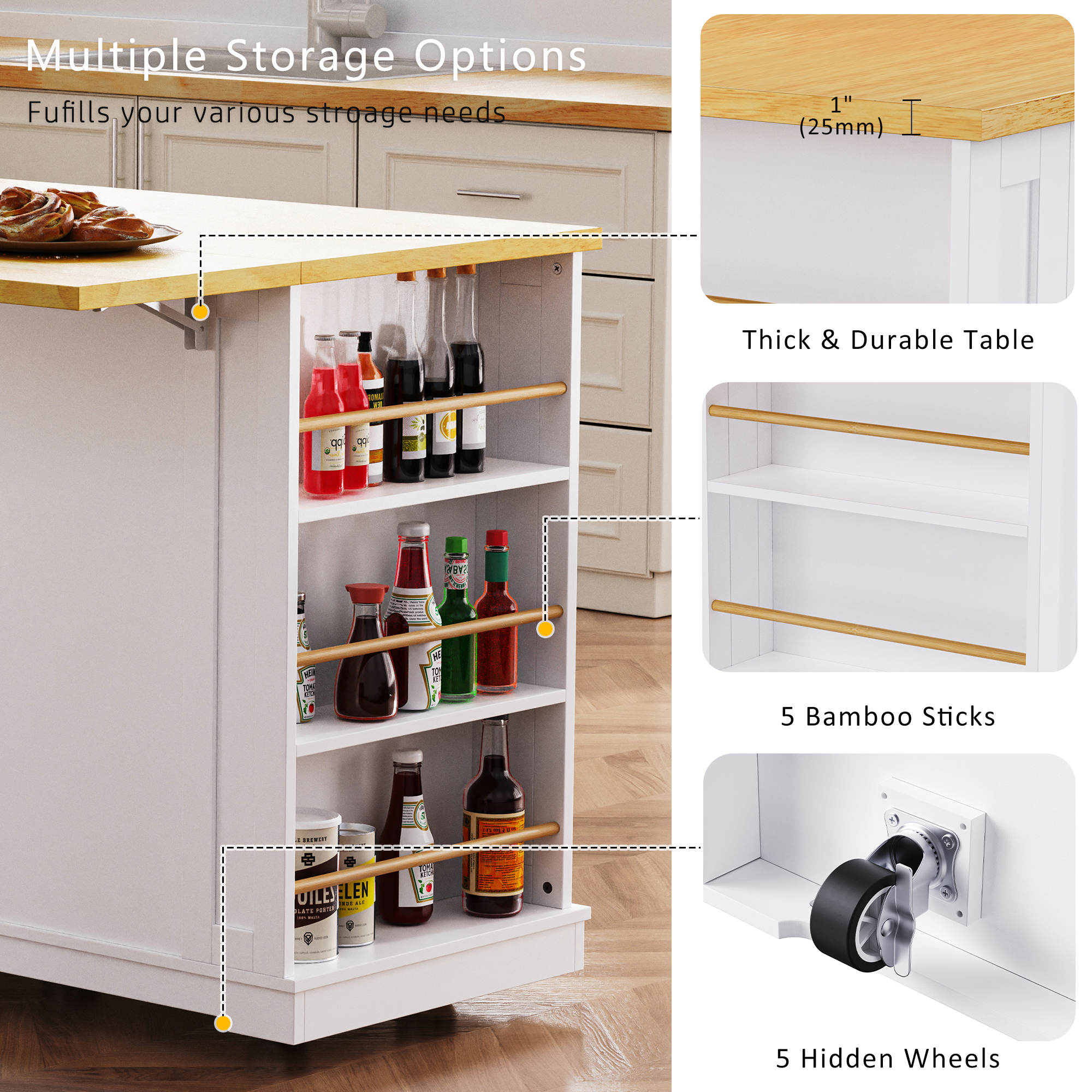 K&K 53inch Large Kitchen Island with 2 Bar Stools, Power Outlet,Door Internal Storage Rack, Kitchen Storage Cart on 5 Wheels with Drop Leaf, 5 Open Side Racks, 3 Drawers, for Kitchen,Dining Room,White