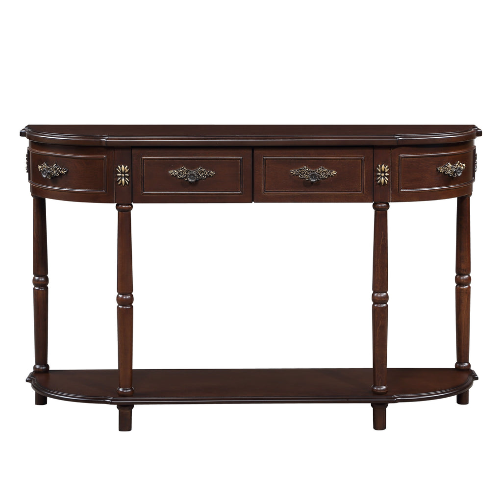 Retro Curved Wood Console Table, 52 inch Circular Half Moon Sofa Table with Open Shelf and 2 Drawers, Solid Wood Entry Table for Living Room, Hallway, Espresso