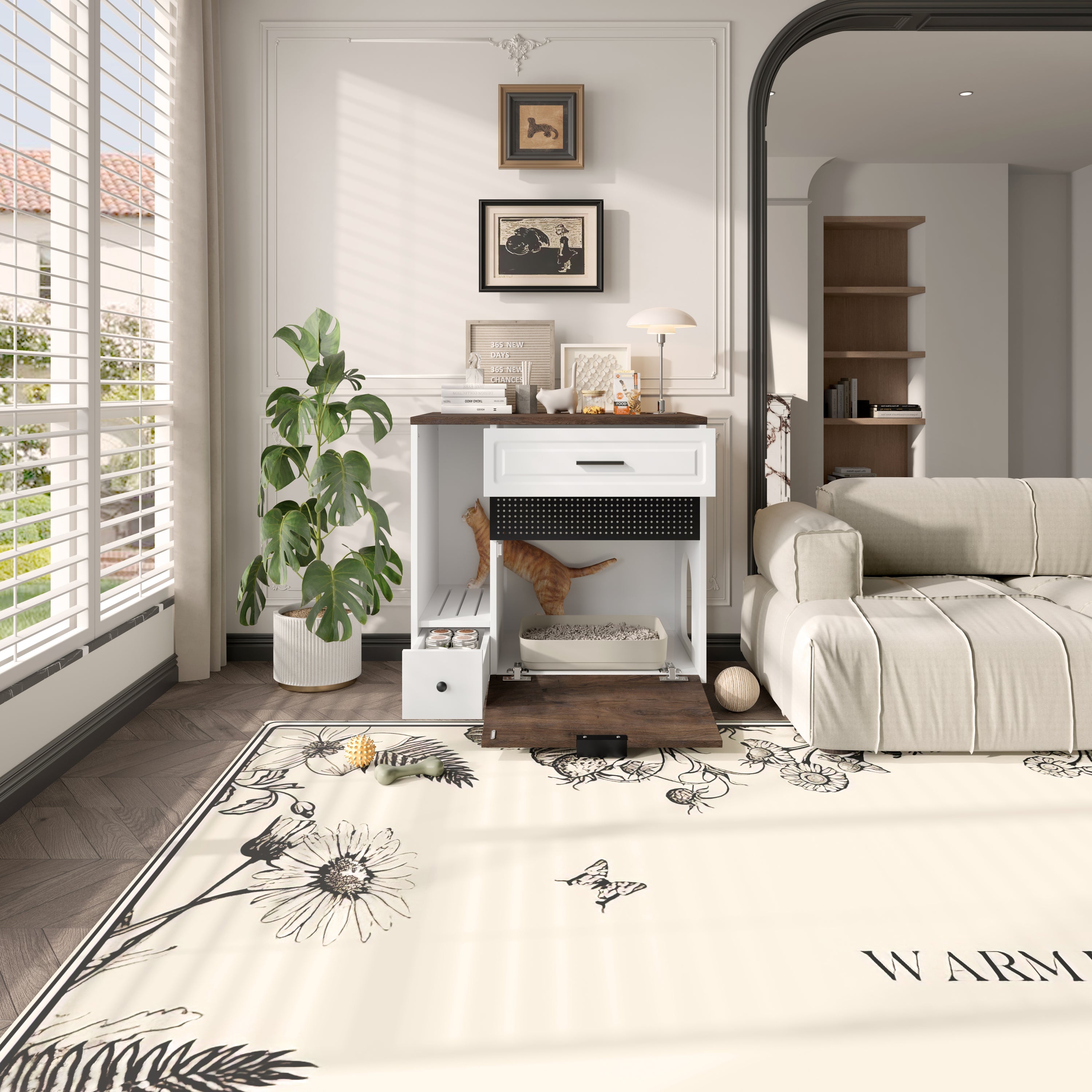 Cat Litter Box Enclosure, Indoor Hidden Cat Litter Box Furniture with 2 Drawers and Door, Cat House End Table for Living room, White and Brown