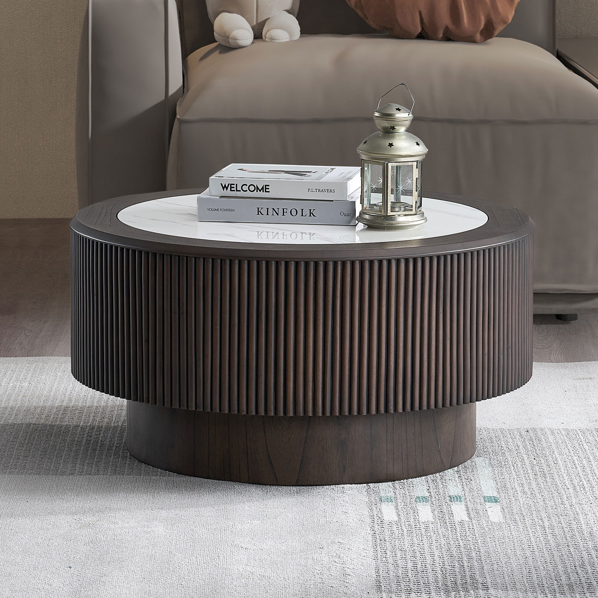 31.5 inch Modern Faux Marble Pattern Stickers Coffee Table Round Coffee Table for Living Room,Small Table with Sturdy Pedestal,Dark Brown