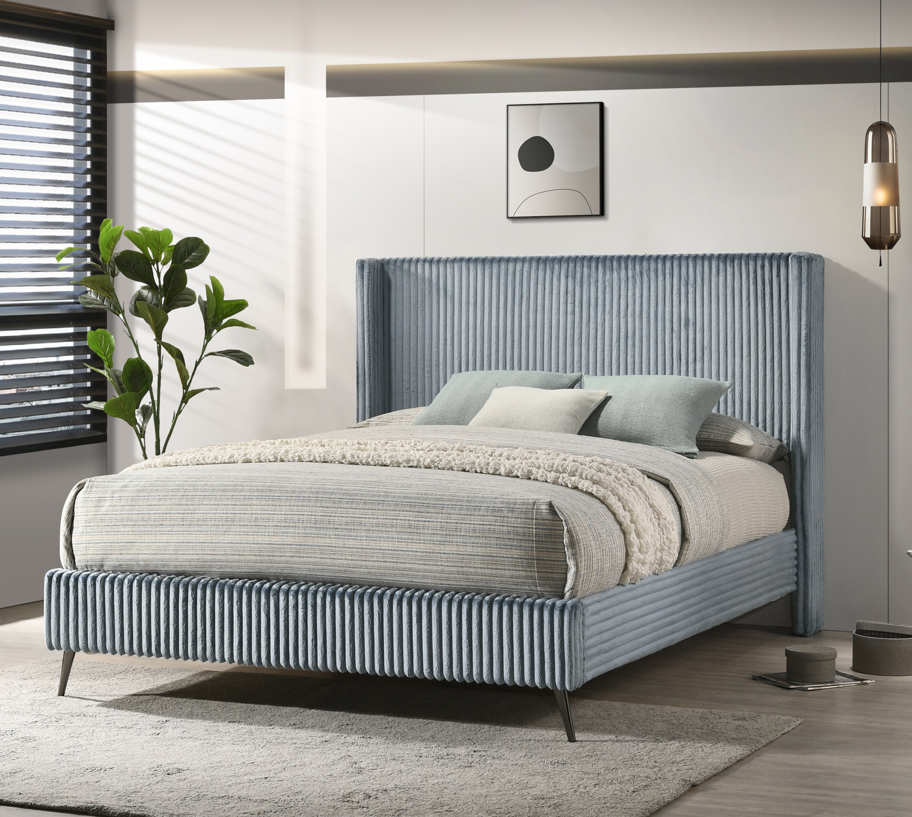 Mavela Wide Wale Corduroy Upholstery Panel Queen Bed with 2 Nightstands and Bench, Blue