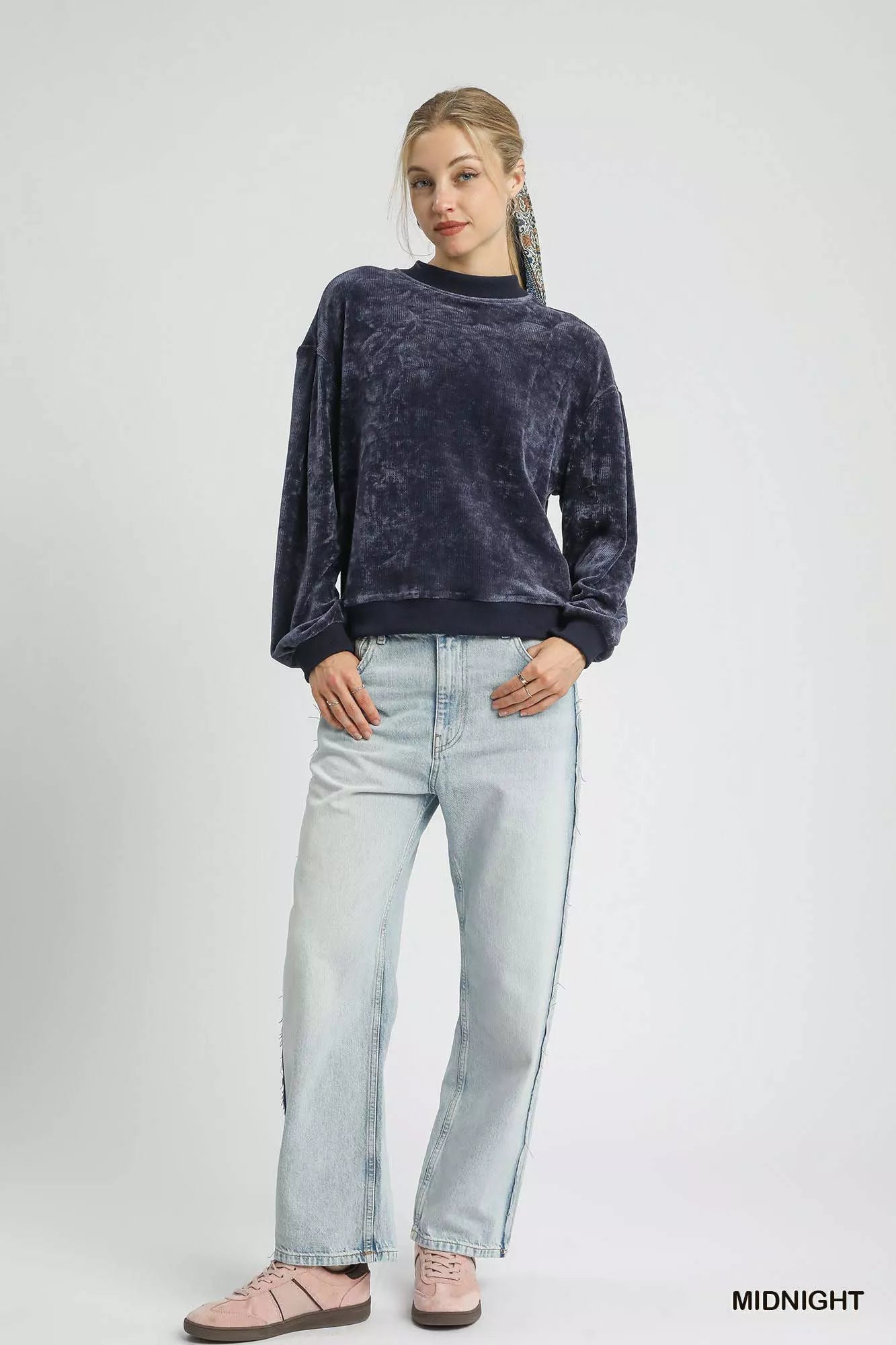 Umgee Velour Crewneck Balloon Sleeve Sweatshirt