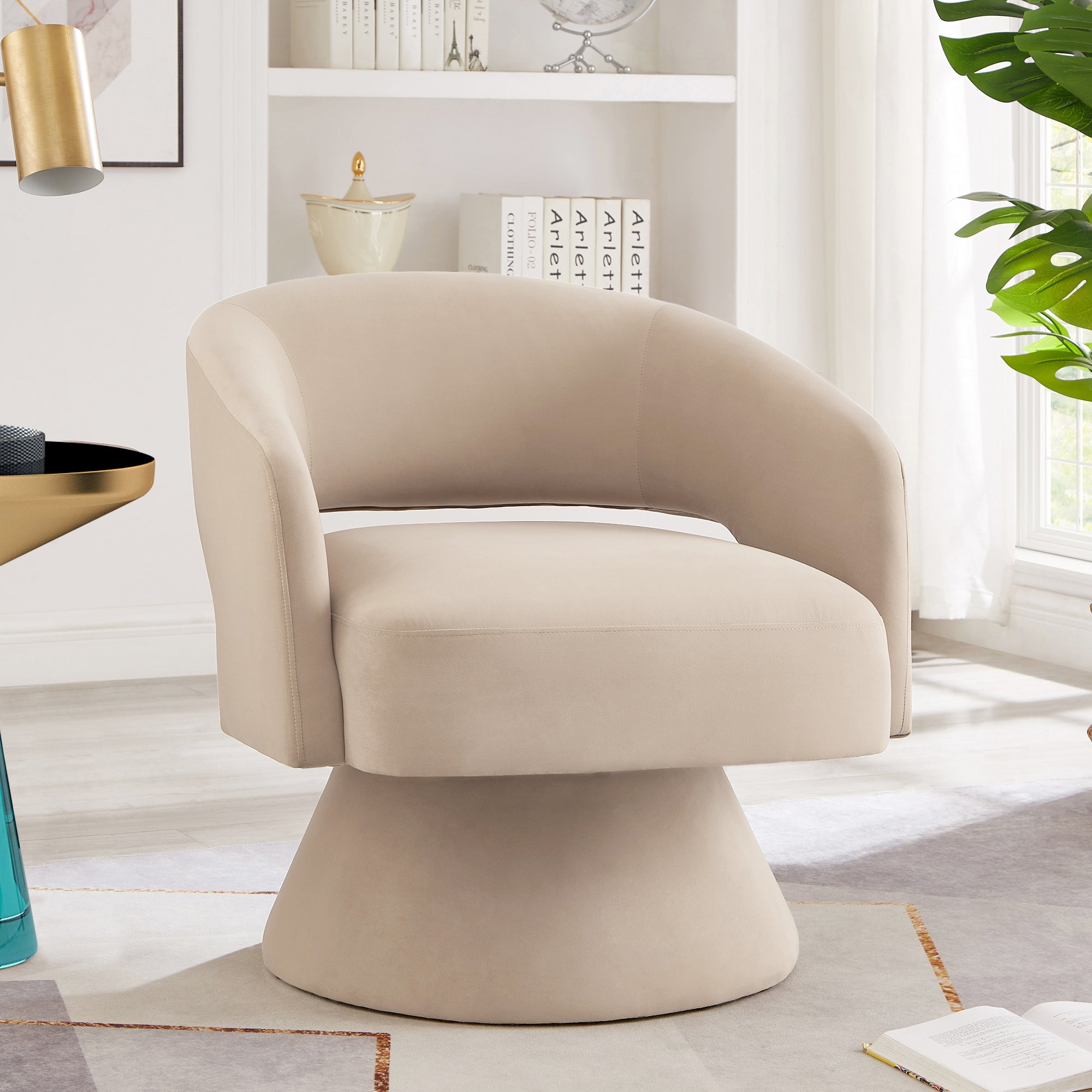 Modern Swivel Barrel Chair, Upholstered Velvet Round Accent Chairs,360 Degree Comfy Swivel Chair with Open Backrest, Single Chair Armchair for Living Room Bedroom, Homerest,Taupe ( Beige)