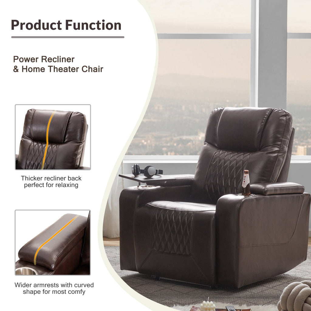 Power Motion Recliner with USB Charging Port, Hidden Arm Storage, 2 Cup Holders, 360° Swivel Tray Table, Brown PU Leather