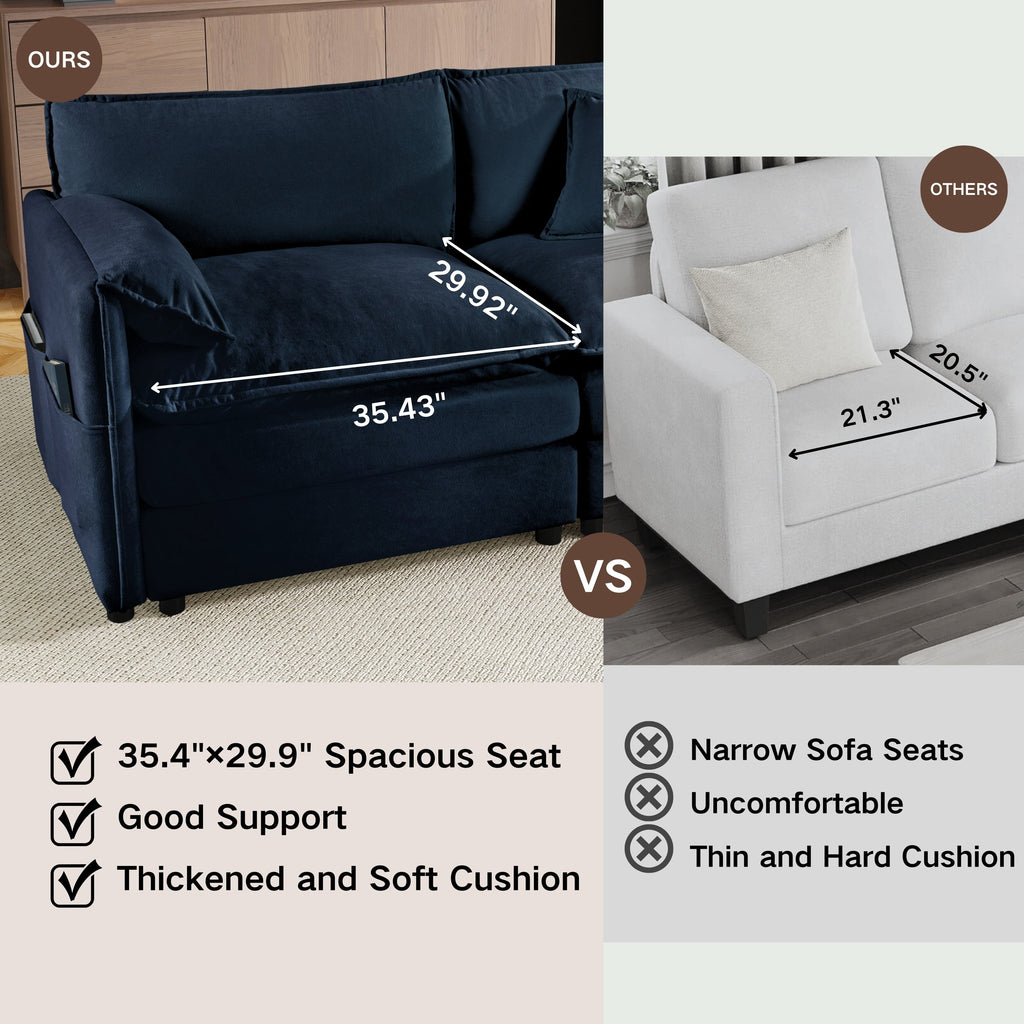 Modular Sectional Sofa, Oversized Deep Seat U Shaped Couch Set for Living Room, 3-Seater Comfy Cloud Couches with 2 Movable Ottomans, DIY Combination, Chenille,Blue