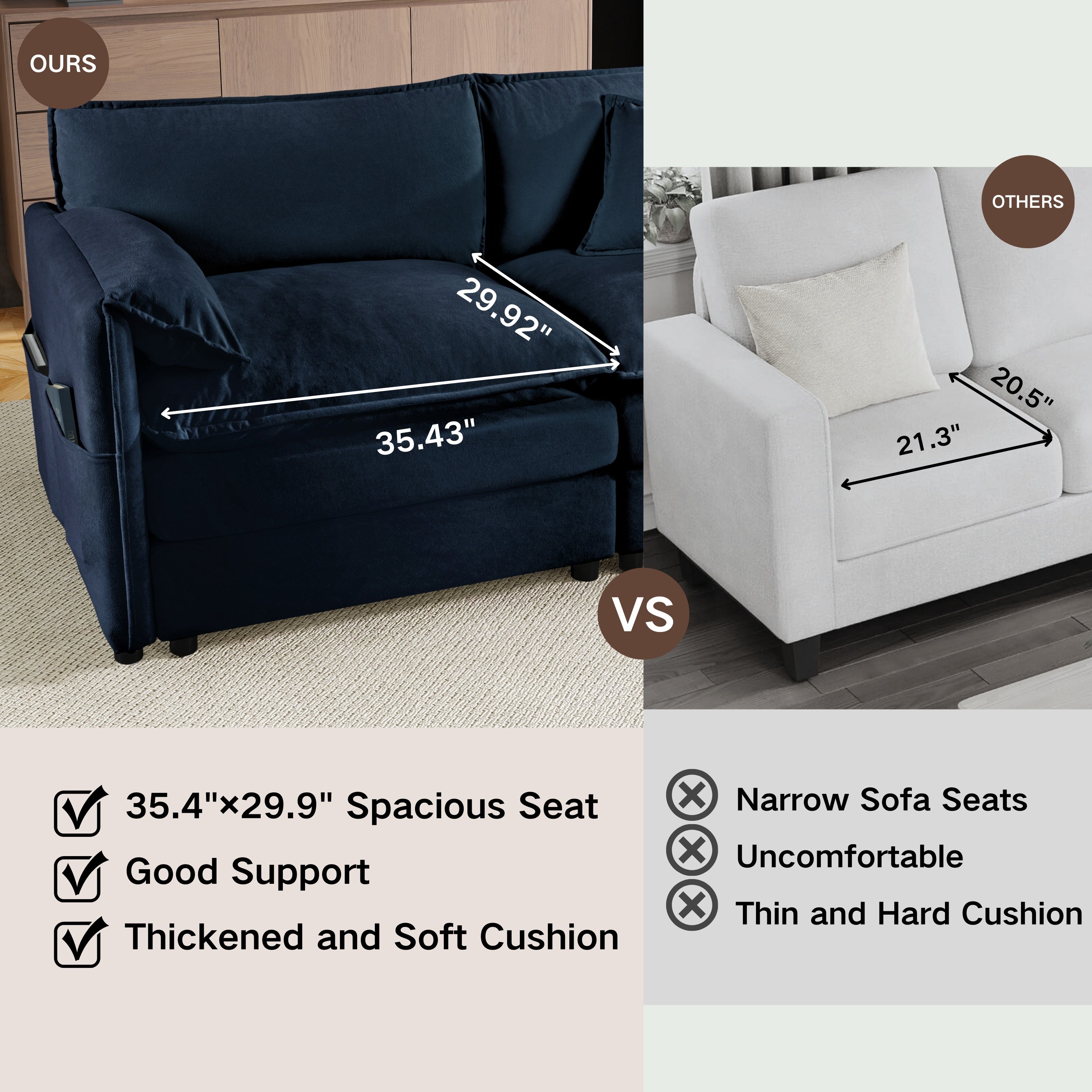 Modular Sectional Sofa, Oversized Deep Seat U Shaped Couch Set for Living Room, 3-Seater Comfy Cloud Couches with 2 Movable Ottomans, DIY Combination, Chenille,Blue