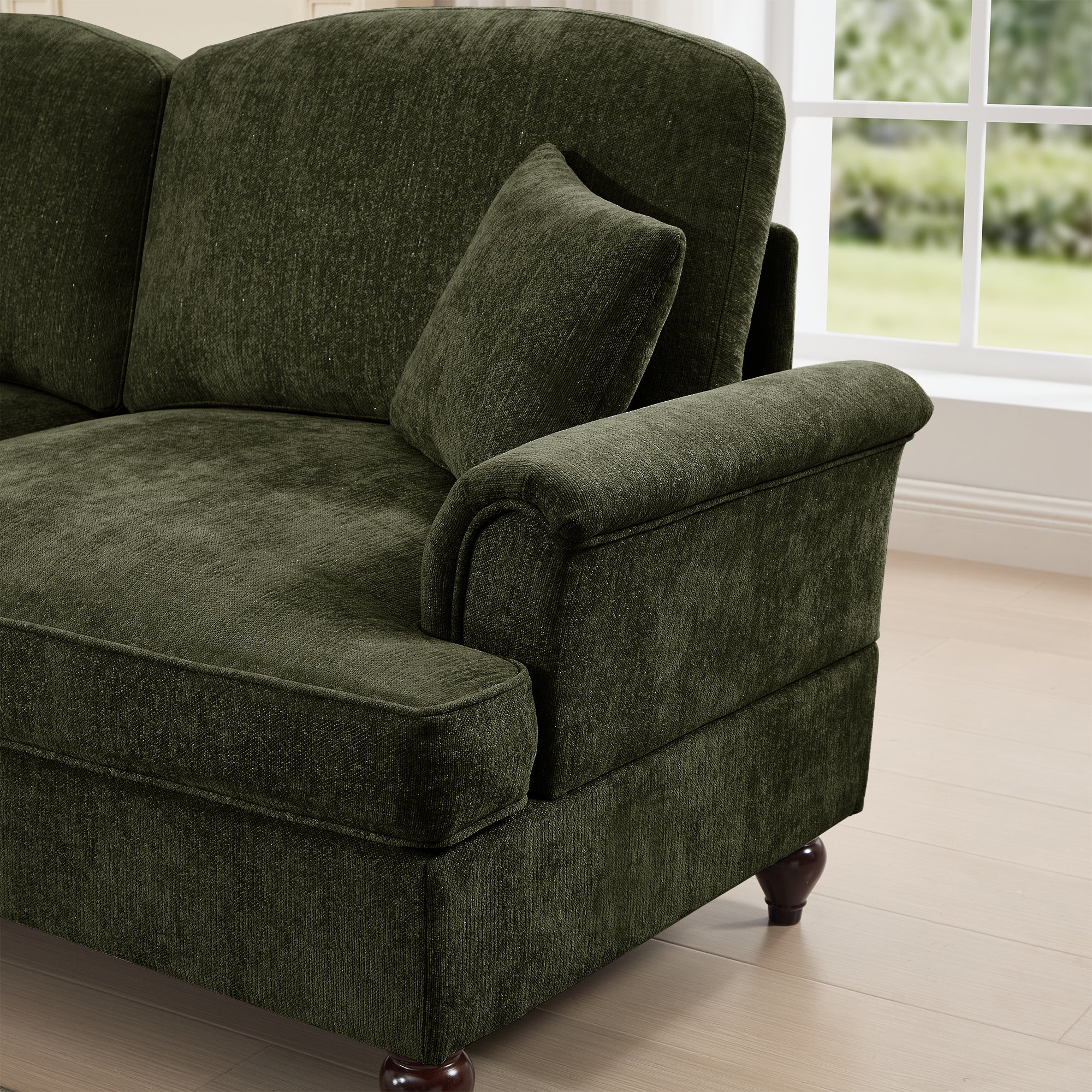 Classic U Shape 4 Seater Modular Sectional Sofa Couch with Flared Arms and Removable Ruffles Pleats Skirts and Spindle Legs, Chenille Deep Seat Cloud Sofa with Movable Ottomans, Green