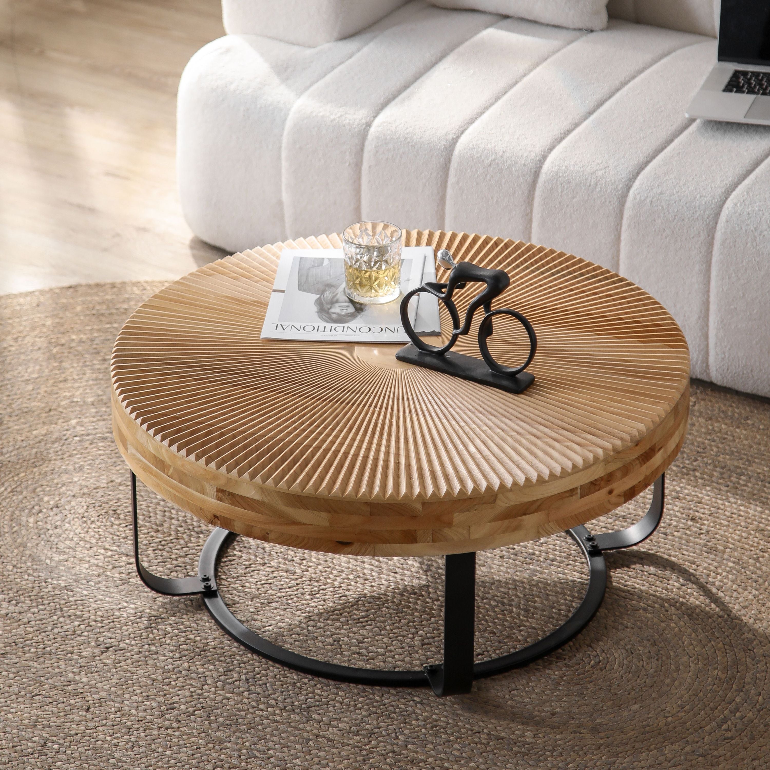 Modern Round Coffee Table Wooden Carving Pattern Coffee Table with Metal Legs for Living Room Reception Room Office ,Black