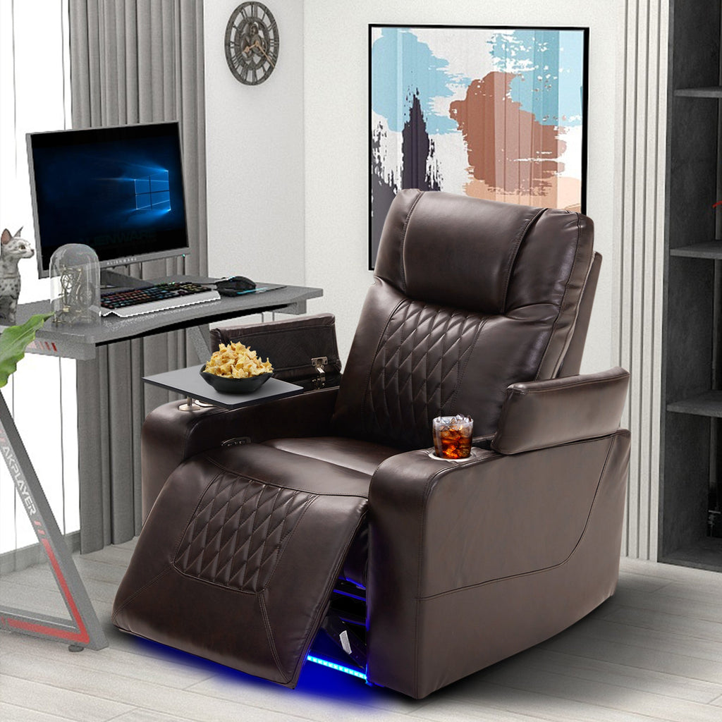 Power Motion Recliner with USB Charging Port, Hidden Arm Storage, 2 Cup Holders, 360° Swivel Tray Table, Brown PU Leather