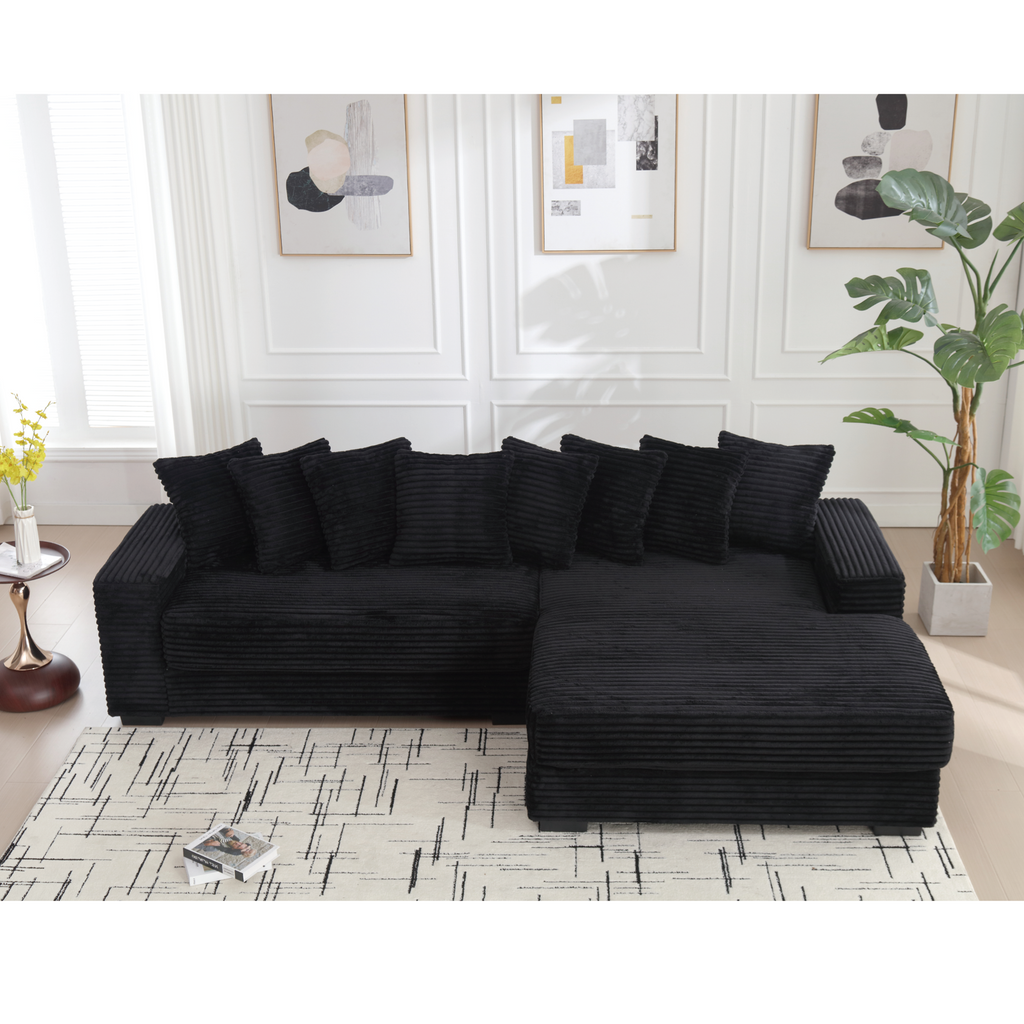 [NEW ARRIVED] [VIDEO PROVIDED] Oversized Two-Piece  Couches,  L Shaped Sofa, Corduroy, Right Chaise Daybed,with Armrests,Eight Throw Pillows,Corner Sofa,Easy To Assemble,  Black