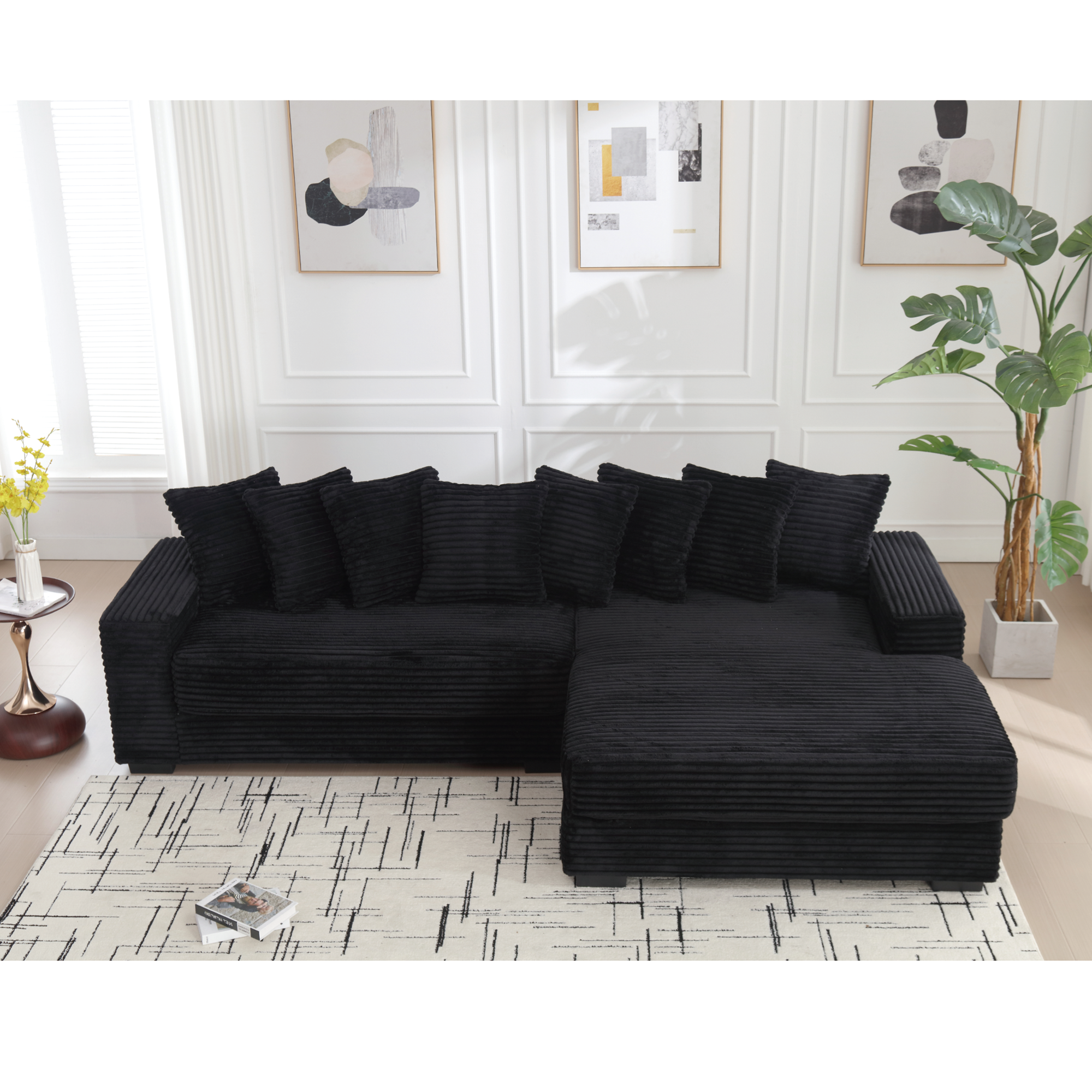[NEW ARRIVED] [VIDEO PROVIDED] Oversized Two-Piece  Couches,  L Shaped Sofa, Corduroy, Right Chaise Daybed,with Armrests,Eight Throw Pillows,Corner Sofa,Easy To Assemble,  Black