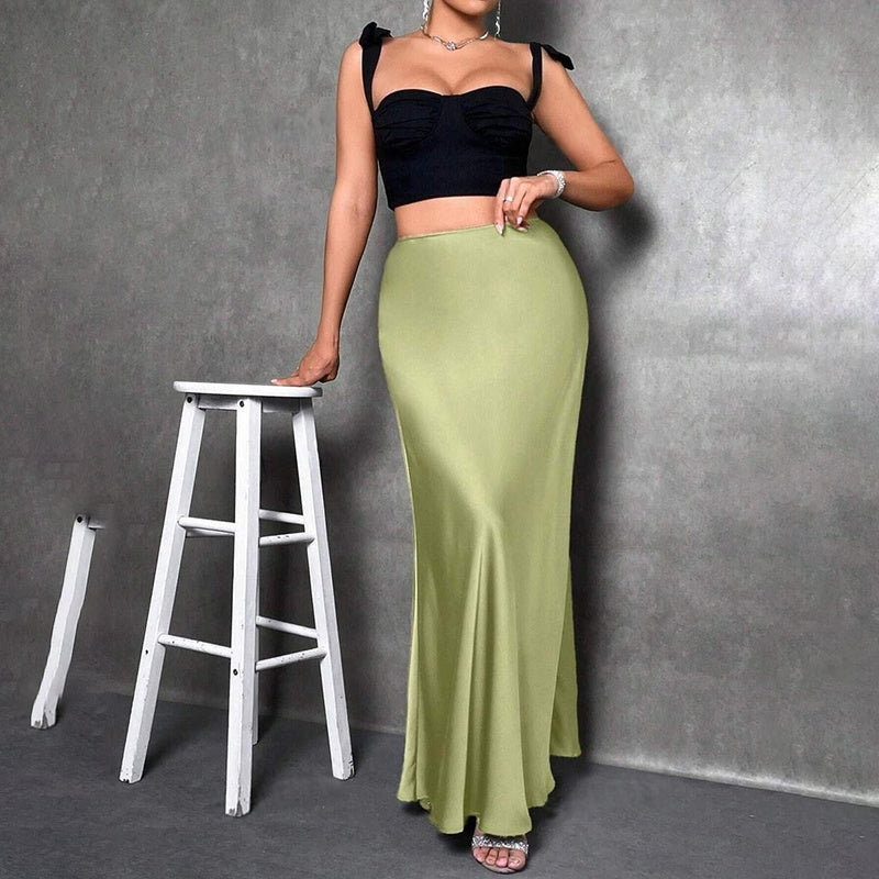 Women's Elegant Satin High Waist Flared Midi Skirt Cocktail Party Wedding Long Skirt