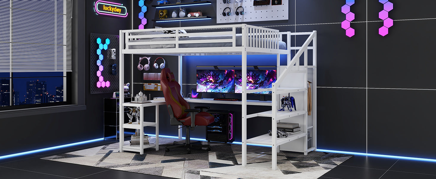Metal Queen Loft Bed with Wardrobe and LED Light, Queen Size Loft Bed with L Shaped Desk and USB for Kids Teens Adults, White
