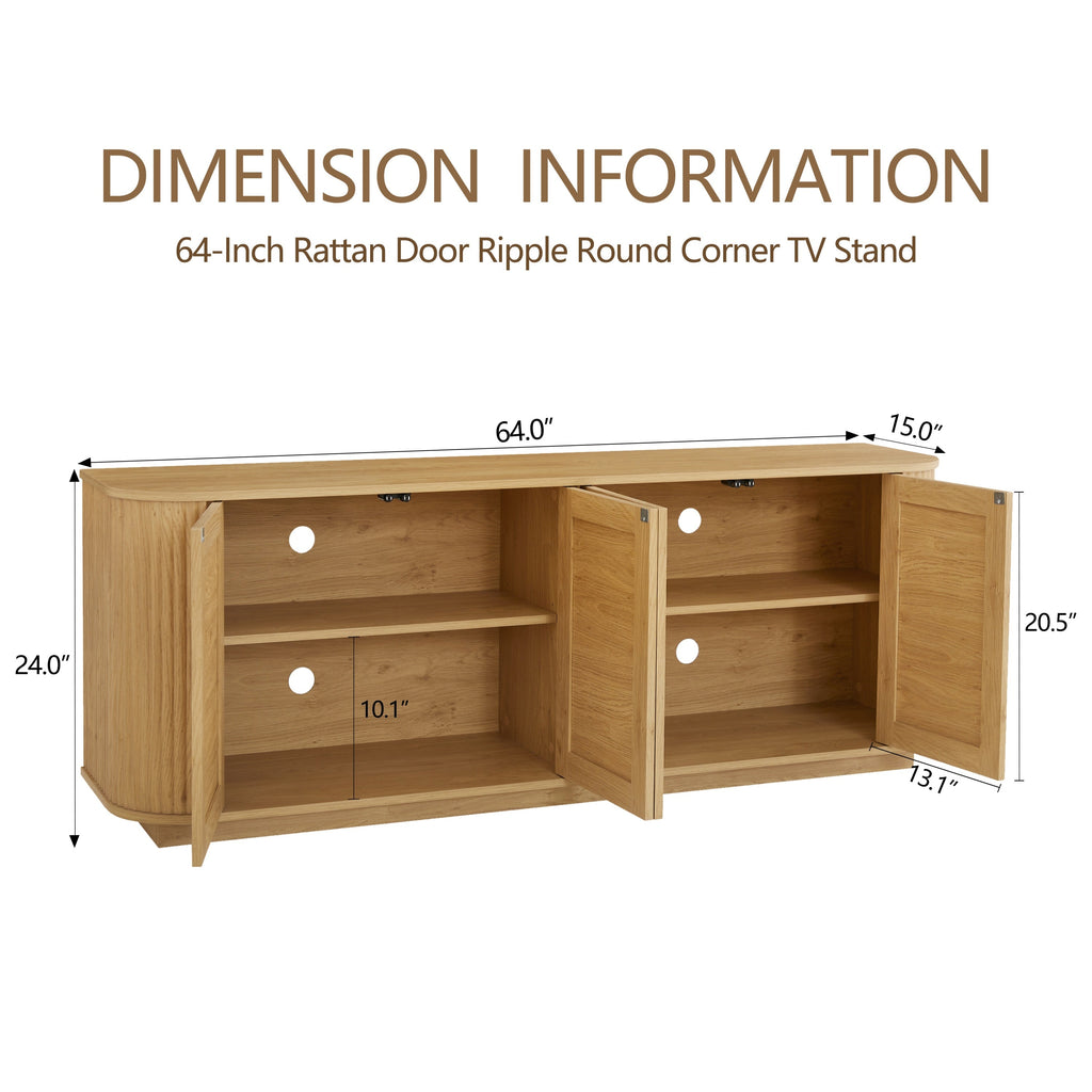 Contemporary Wave-Shaped TV Stand with Rattan Doors, Natural Wood Finish, 64''W x 15''D x 24''H