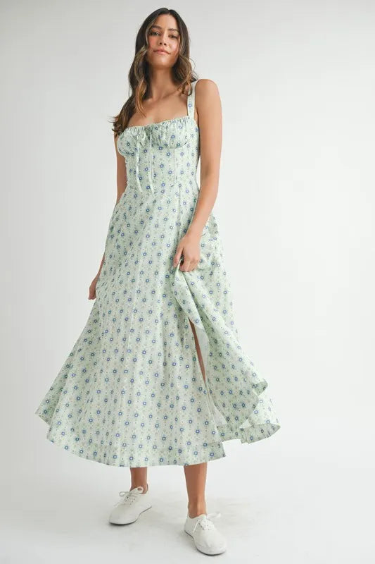 MABLE Floral Print Bustier Back Lace Up Midi Dress