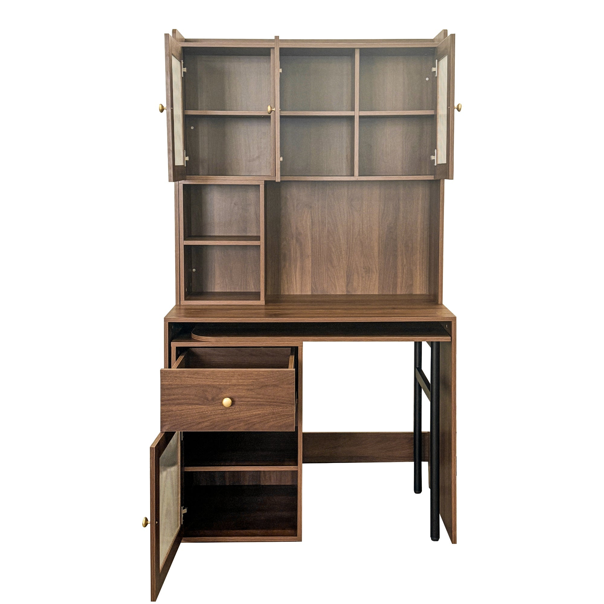 Computer Desk with glass door for Home Office or Study desk,  Bookshelf & Hutch, Computer Desk with 90 Degree Rotating Desktop,Large Working Space