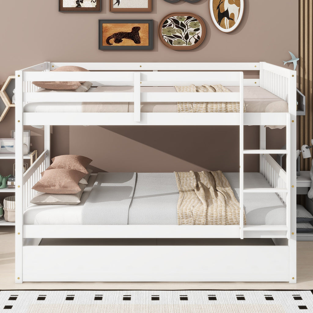 Full Over Full Rubber Wood Bunk Bed with Trundle, Ladder and Guardrails, Convertible to 2 Full Size Beds, with Twin Size Trundle,White