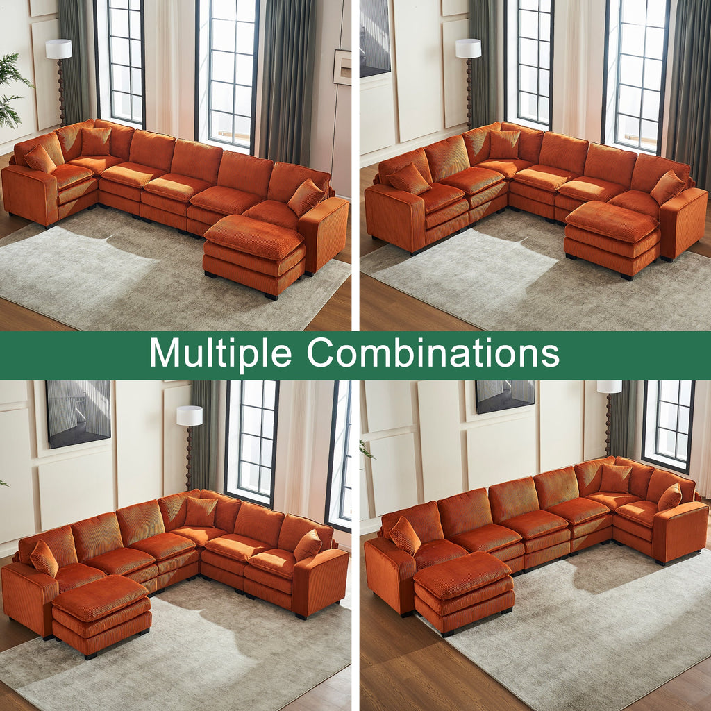 Modern U Shaped 6-seat Sectional Sofa Couch with one Ottoman and three toss pillows ,Modular Sofa for Living Room,Corduroy sofa