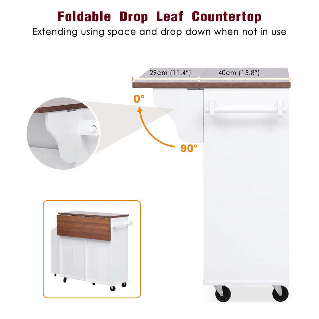 K&K 47.2' Farmhouse Kitchen Island with Drop Leaf, Kitchen Storage Island with Removable Side Racks, Two Drawers, Rolling Kitchen Cart on Wheels with Towel Rack, for Home, Kitchen, Dining Room, White