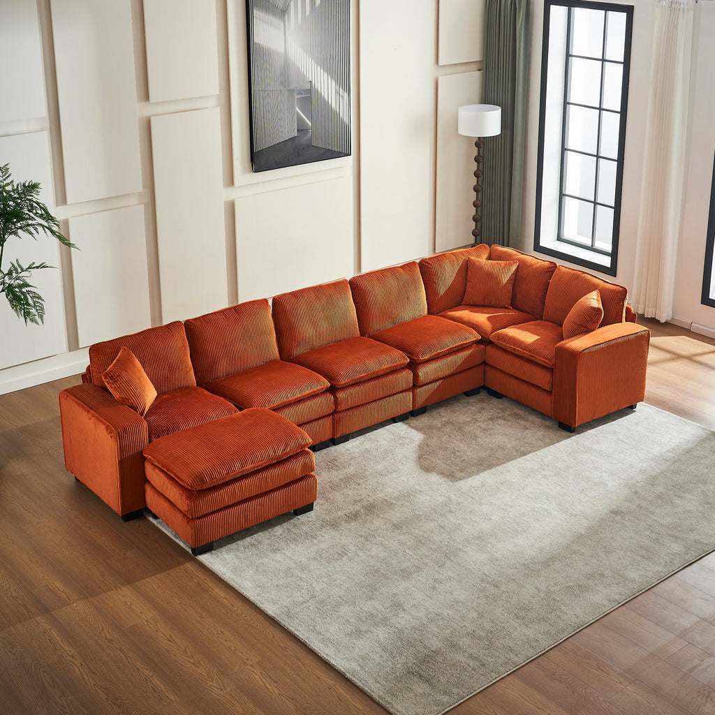 Modern U Shaped 6-seat Sectional Sofa Couch with one Ottoman and three toss pillows ,Modular Sofa for Living Room,Corduroy sofa
