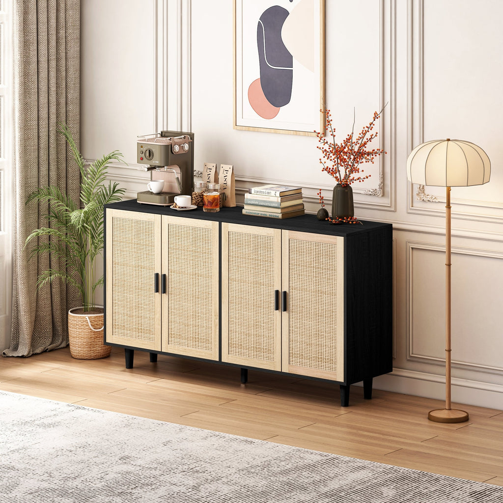 Elegant and Functional 4-Door Rattan Decorative Storage Cabinet for Bedroom, Living Room, Office, Black, Particle Board, 62.20'