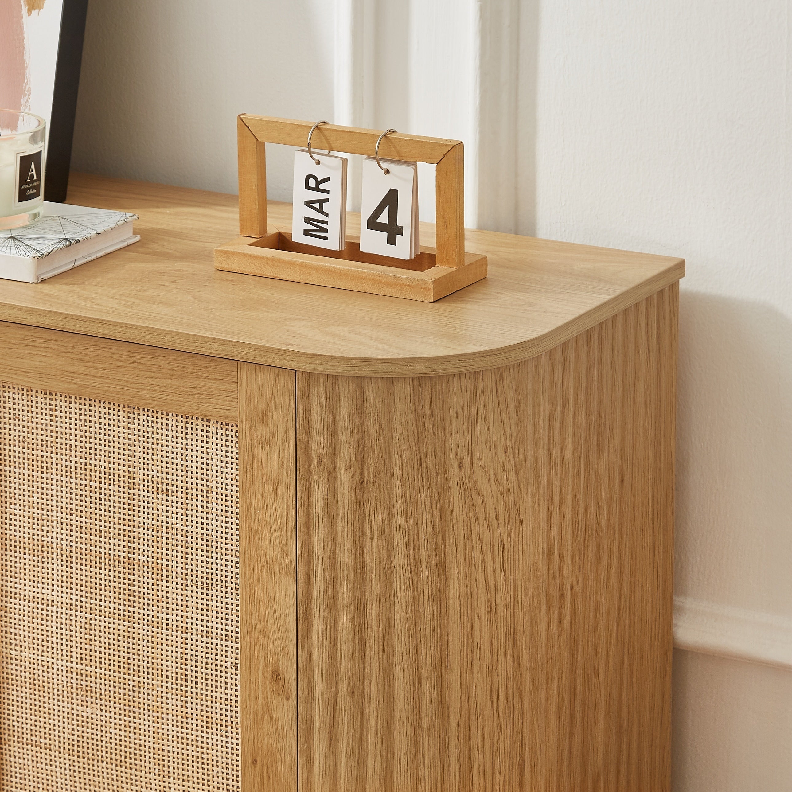 Contemporary Wave-Shaped TV Stand with Rattan Doors, Natural Wood Finish, 64''W x 15''D x 24''H