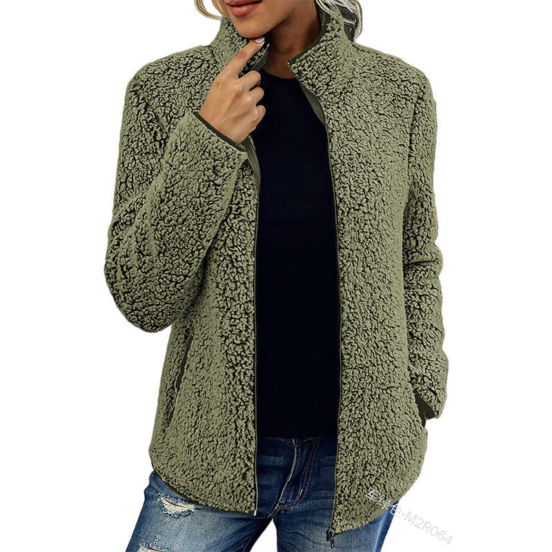 Fall Winter Warm Sweatshirt Stand Collar Solid Color Top Sweater Women's Casual Fashion Long Sleeve Zipper Bubble Velvet Coat Tops