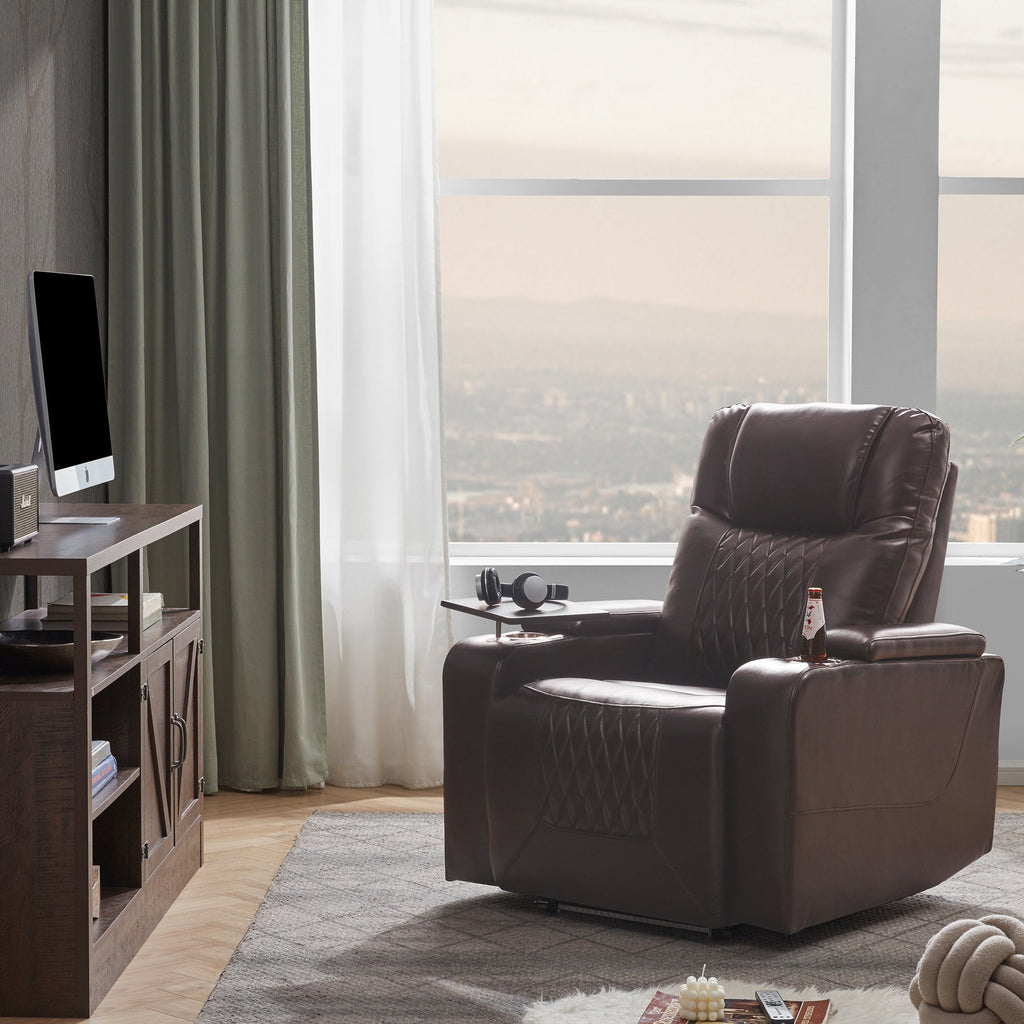 Power Motion Recliner with USB Charging Port, Hidden Arm Storage, 2 Cup Holders, 360° Swivel Tray Table, Brown PU Leather