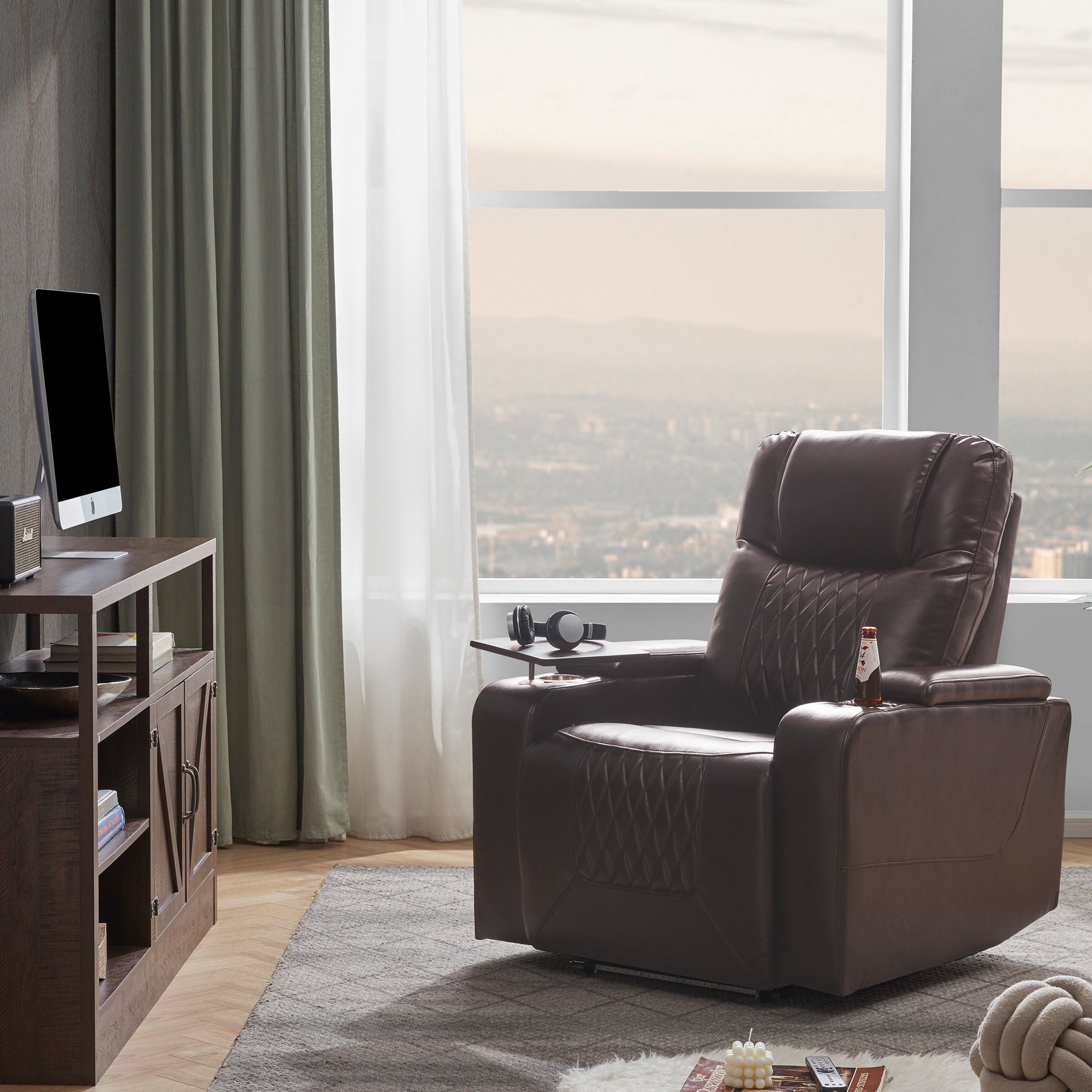 Power Motion Recliner with USB Charging Port, Hidden Arm Storage, 2 Cup Holders, 360° Swivel Tray Table, Brown PU Leather