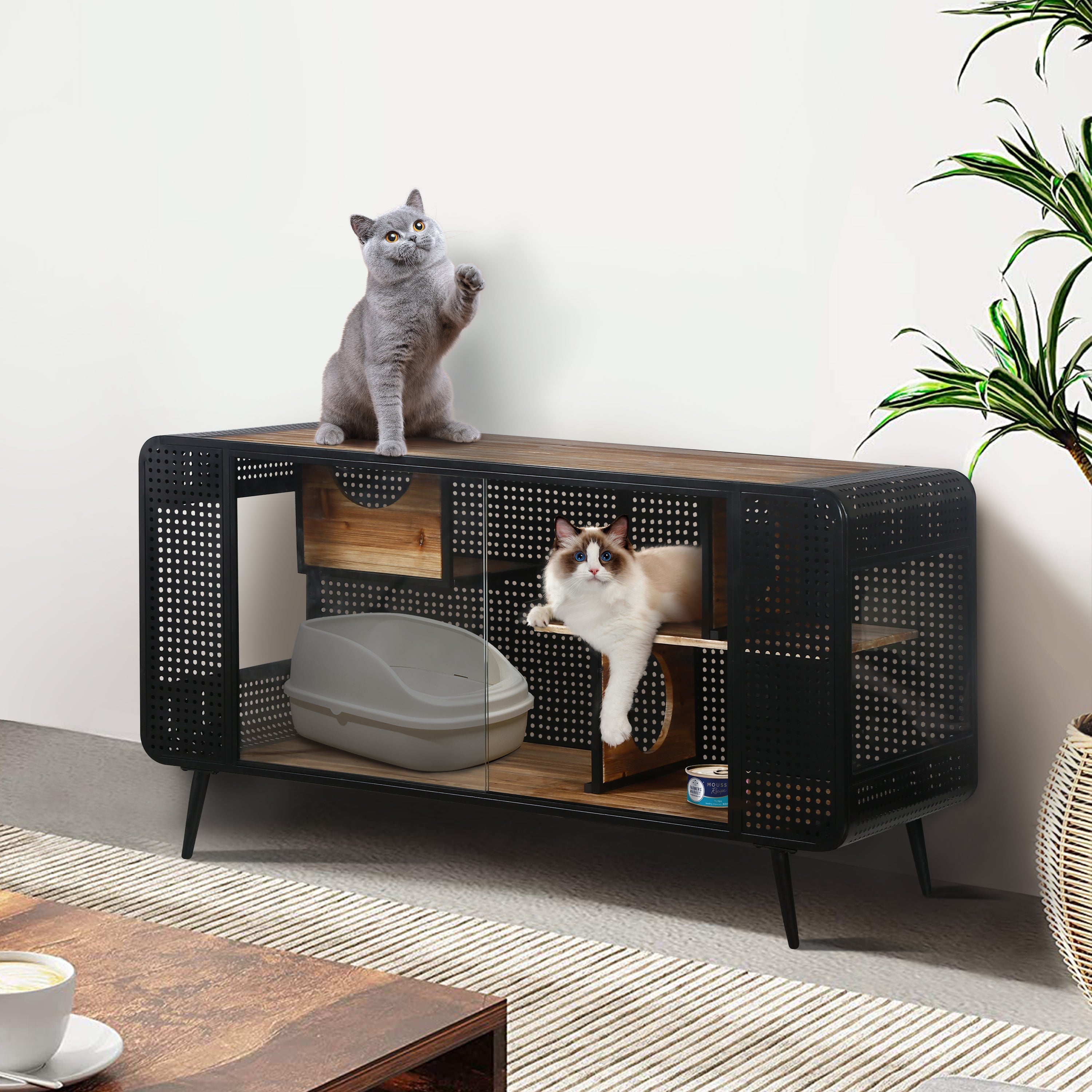 Modern Spacious Cat House with Tempered Glass and Iron Frame for Living Room, Black + Brown