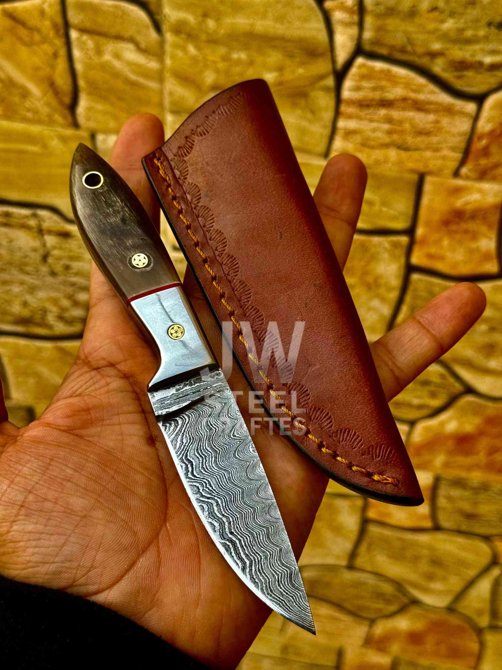 EDC Skinner Knife Damascus Steel, 6.5” Fixed Blade