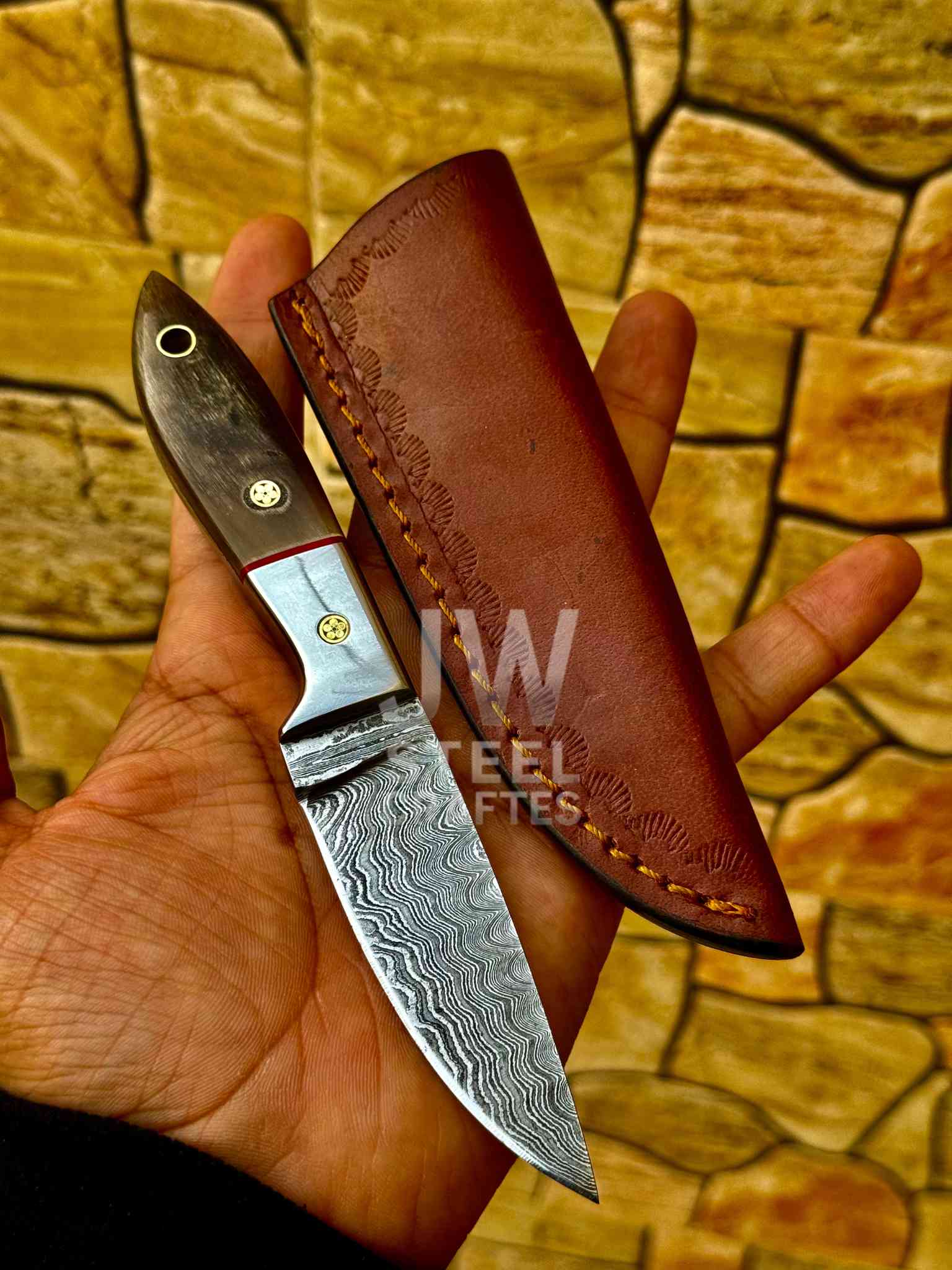 EDC Skinner Knife Damascus Steel, 6.5” Fixed Blade