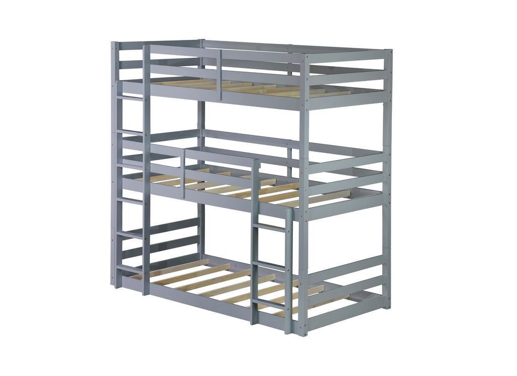 Triple Rubber Wood Bunk Bed with Two Built-in Ladders, Guardrails, Twin over Twin over Twin, Detachable Triple Twin Bunk Bed,Grey