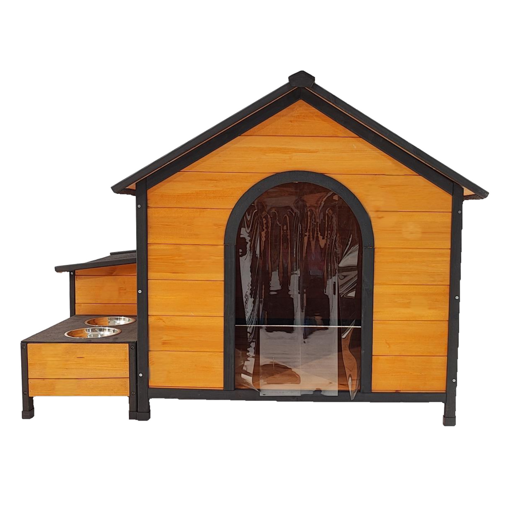 XPT088 Wearable and Strong Wooden Dog House with Metal Bowls and Toy Box, Natural, Solid Wood, 55.12 x 38.98 x 37.00 inches