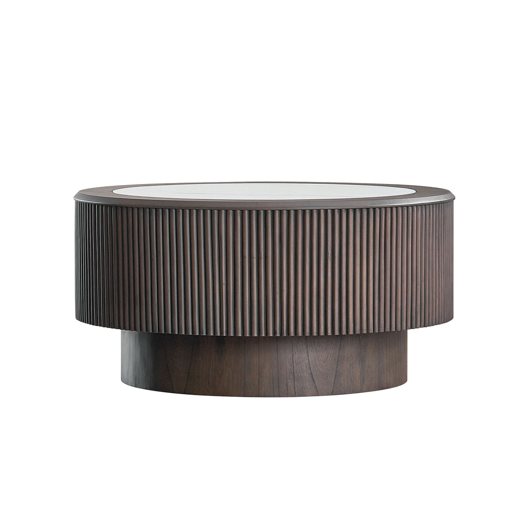 31.5 inch Modern Faux Marble Pattern Stickers Coffee Table Round Coffee Table for Living Room,Small Table with Sturdy Pedestal,Dark Brown