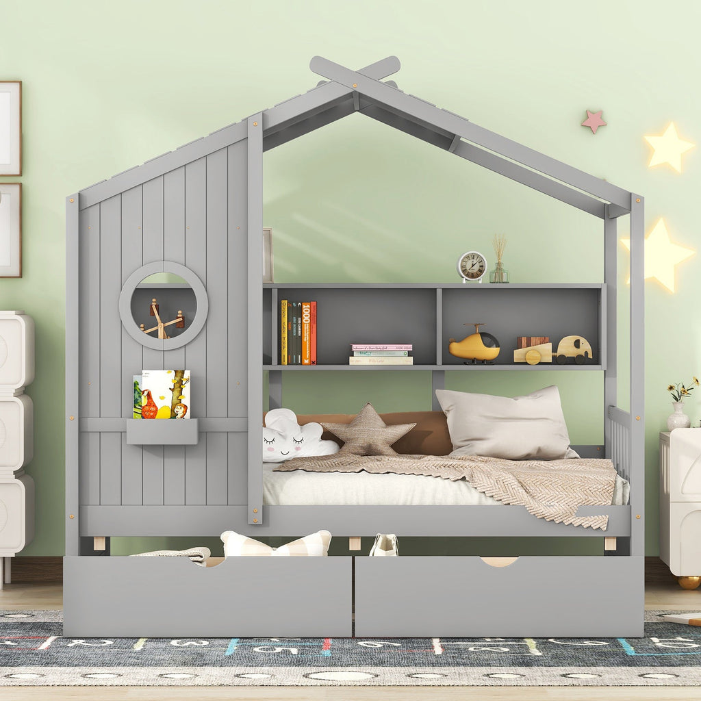 Wooden Twin Size House Bed with 2 Drawers,Kids Bed with Storage Shelf, Gray(Old SKU: HL000051AAE)