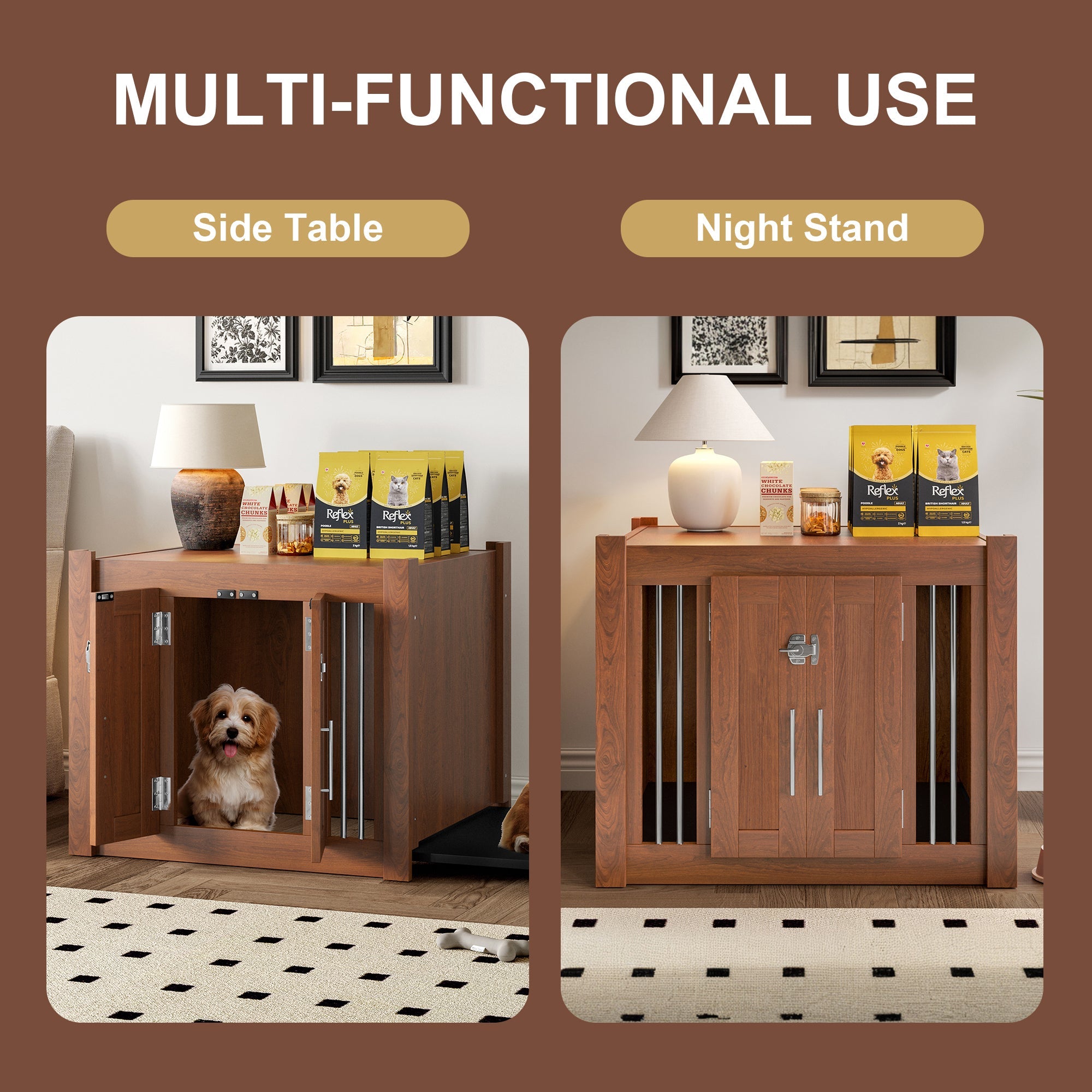 30.25'L, 2 in 1 Dog Crate with Padded Seat, Sliding Barn Door, Luxury Wooden Dog Kennel, End of Bed Bench Ottoman with Removable Cushion for Bedroom, Living Room, Walnut