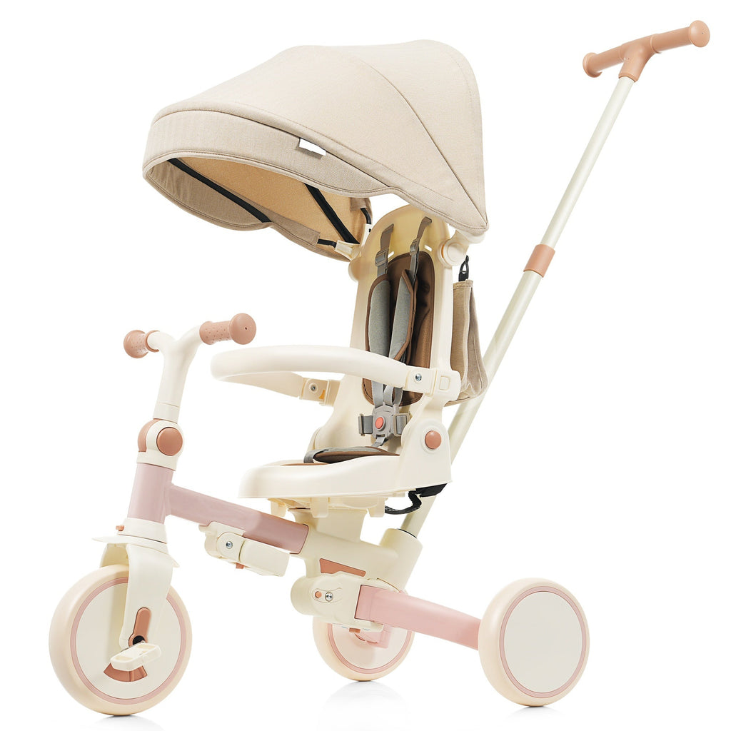 7 in 1 Baby Tricycle, Foldable Toddler Tricycle with Removable and Adjustable Parent Handle, Toddler Push Bike with Removable Pedal, Canopy, and Guardrail, Tricycle for 12-72 Months, pink