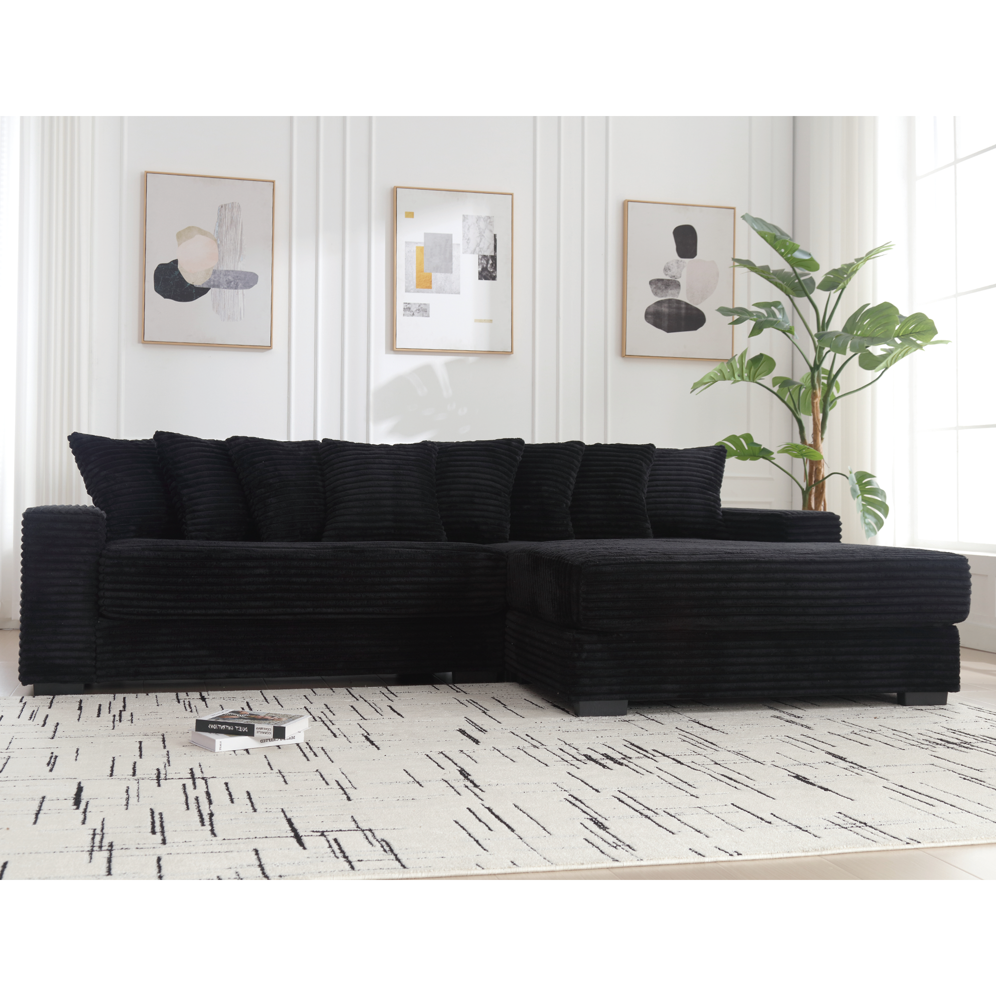 [NEW ARRIVED] [VIDEO PROVIDED] Oversized Two-Piece  Couches,  L Shaped Sofa, Corduroy, Right Chaise Daybed,with Armrests,Eight Throw Pillows,Corner Sofa,Easy To Assemble,  Black