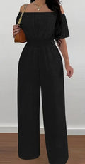 Elegant Off-Shoulder Short Sleeve Waist Cinch Jumpsuit Solid Color
