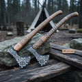 Engraved Viking Throwing Axe Set, Pair of Norse Knotwork Hatchets with Carved Hardwood Handles | JW SteelCrafts